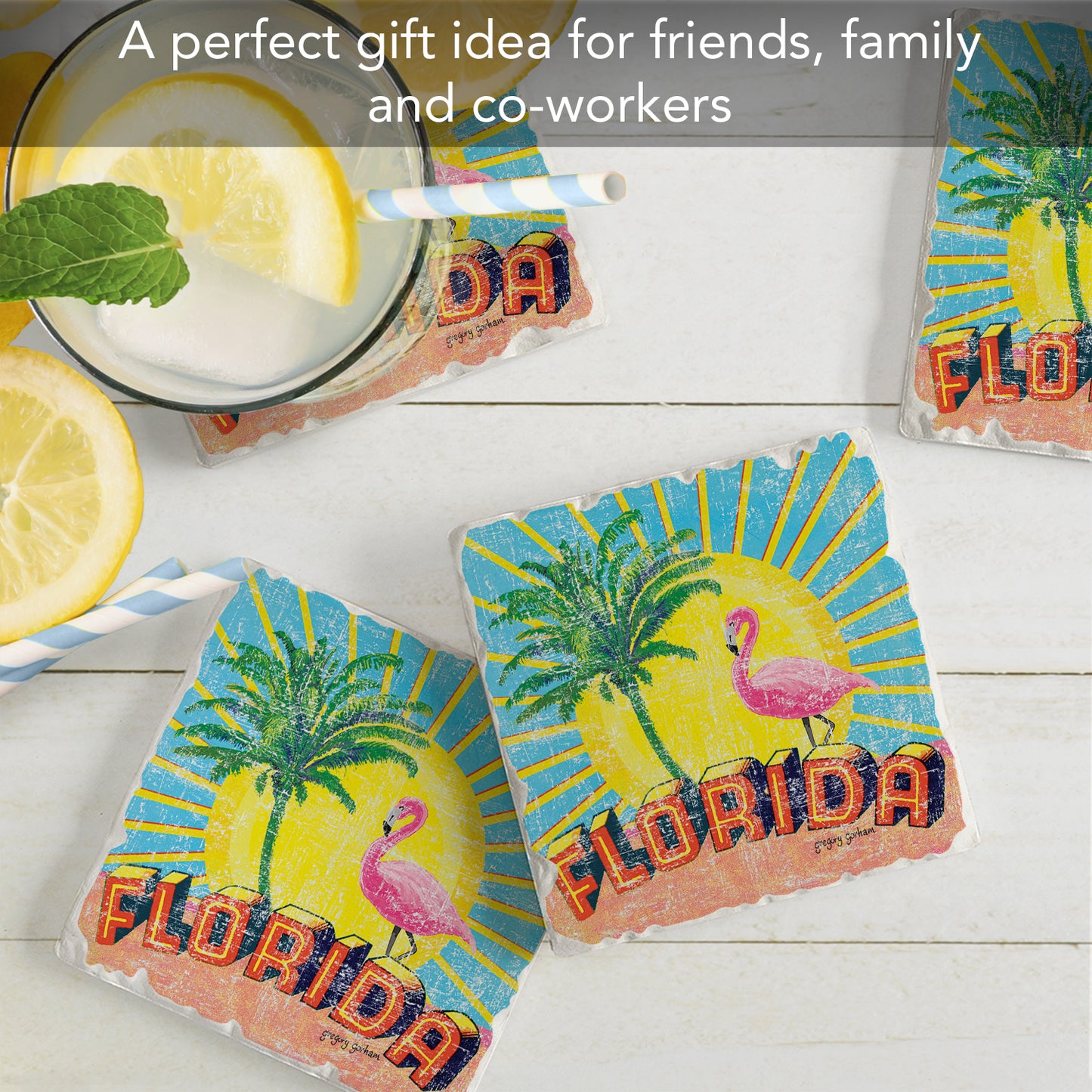 Thirstystone Florida Retro 4 Pack Tumbled Tile Stone Coasters 4" Square Manufactured in the USA