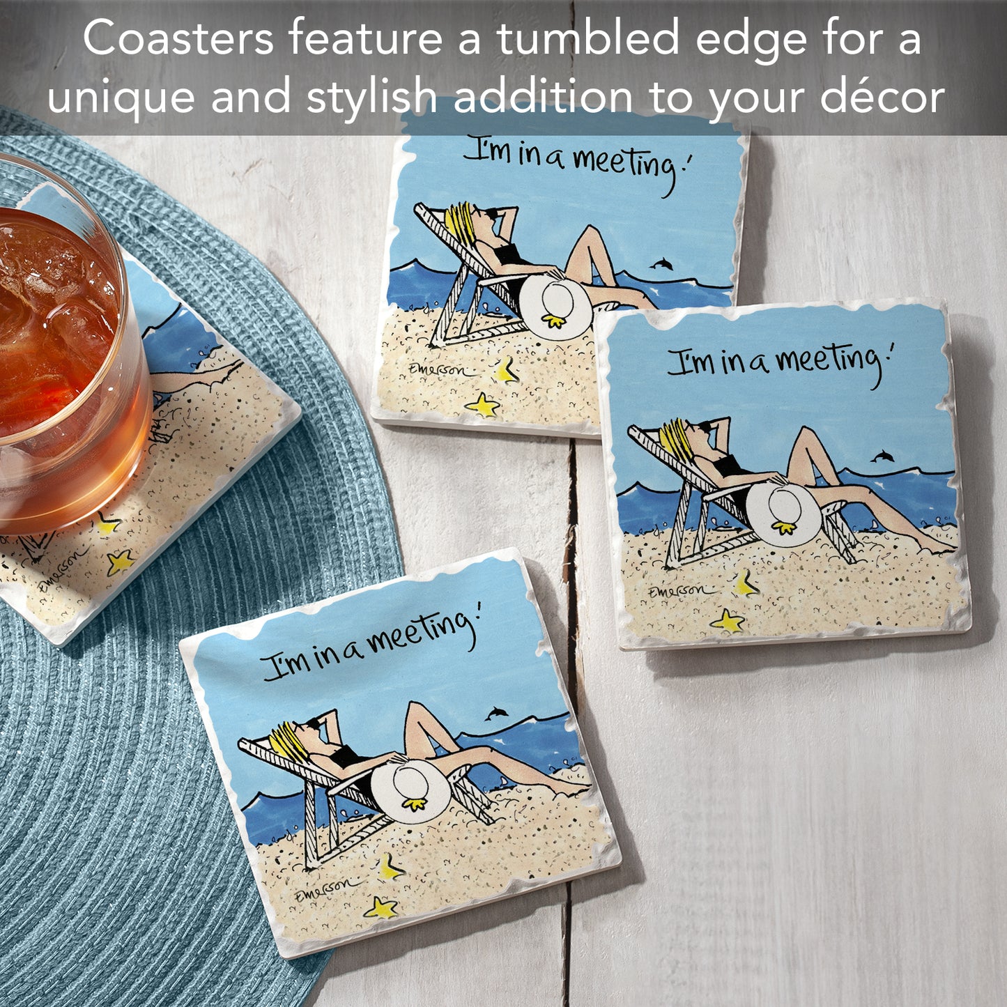 Thirstystone Beach Meeting 4 Pack Tumbled Tile Stone Coasters 4" Square Manufactured in the USA
