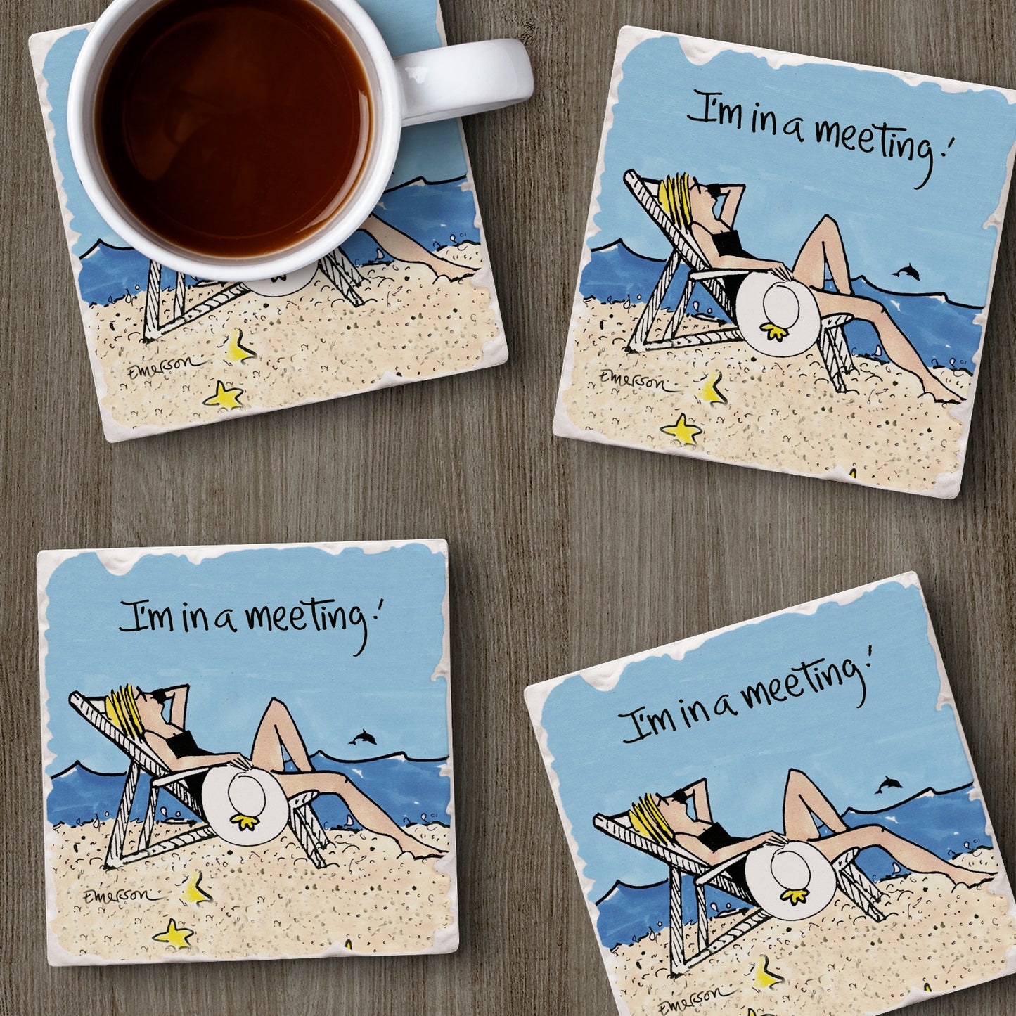 Thirstystone Beach Meeting 4 Pack Tumbled Tile Stone Coasters 4" Square Manufactured in the USA