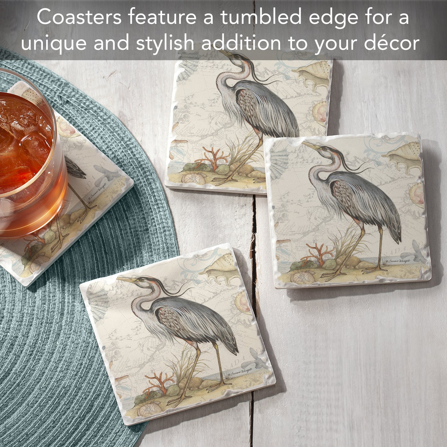 Thirstystone Blue Heron 4 Pack Tumbled Tile Stone Coasters 4" Square Manufactured in the USA