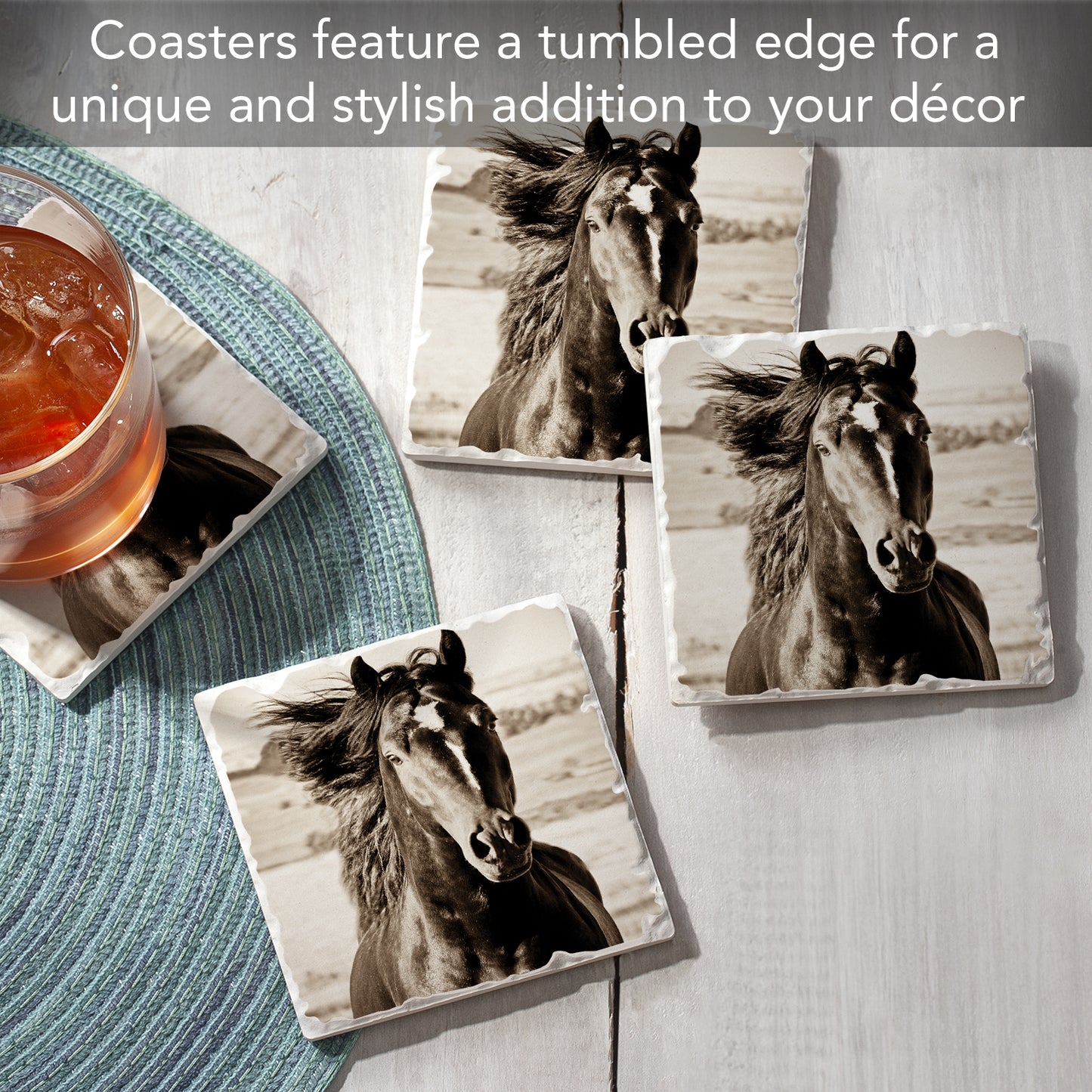 Thirstystone Horse-Black Beauty 4 Pack Tumbled Tile Stone Coasters 4" Square Manufactured in the USA