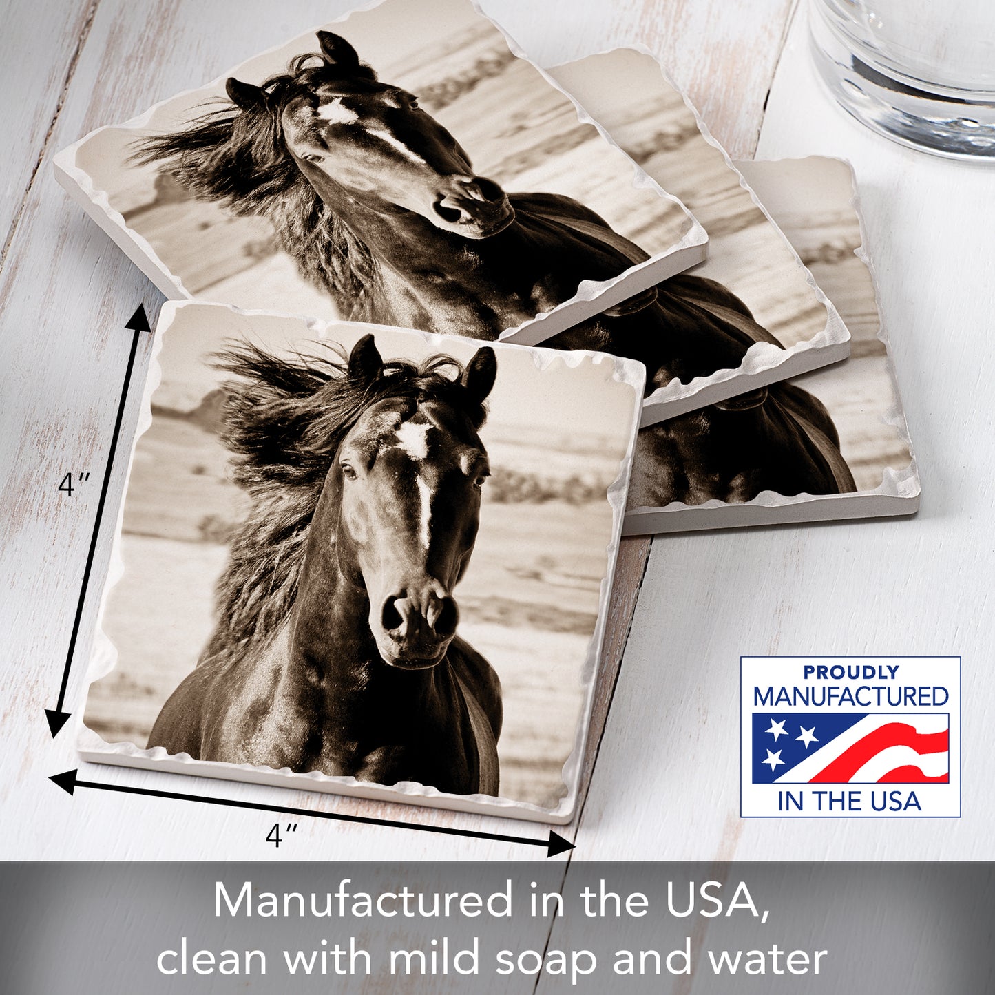 Thirstystone Horse-Black Beauty 4 Pack Tumbled Tile Stone Coasters 4" Square Manufactured in the USA