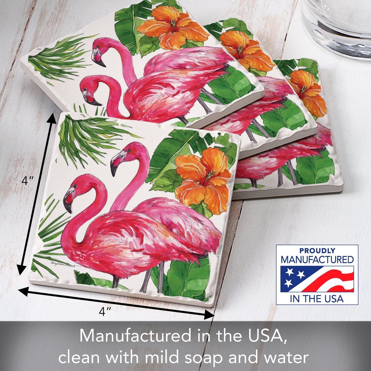 Thirstystone Tropical Flamingo Pair 4 Pack Tumbled Tile Stone Coasters 4" Square Manufactured in the USA