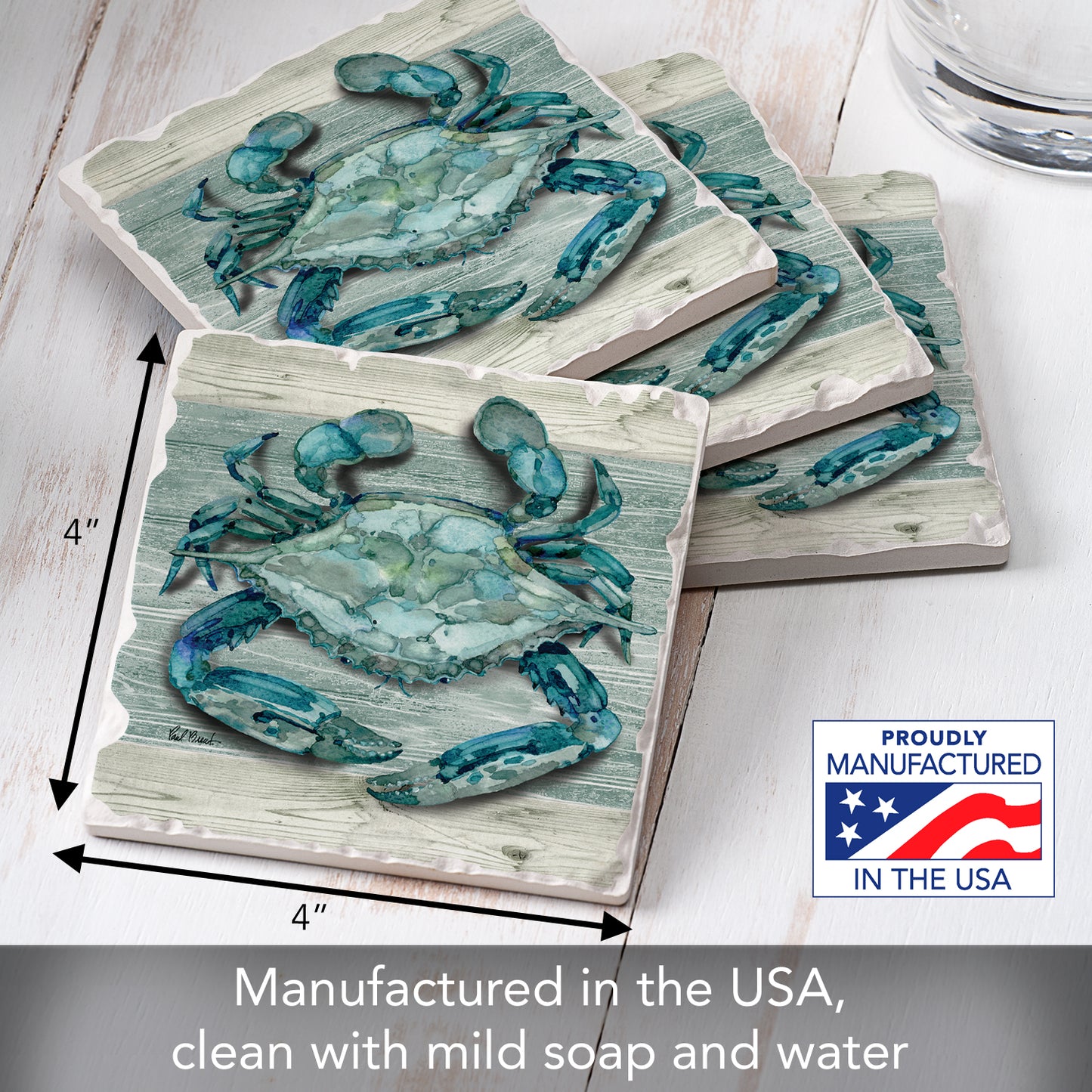Thirstystone Northpoint Crab 4 Pack Tumbled Tile Stone Coasters 4" Square Manufactured in the USA