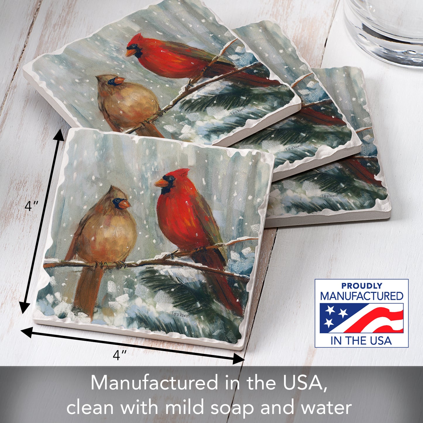 Thirstystone Winter Birds 4 Pack Assorted Tumbled Tile Stone Coasters with Protective Cork Backing 4" Square Manufactured in The USA