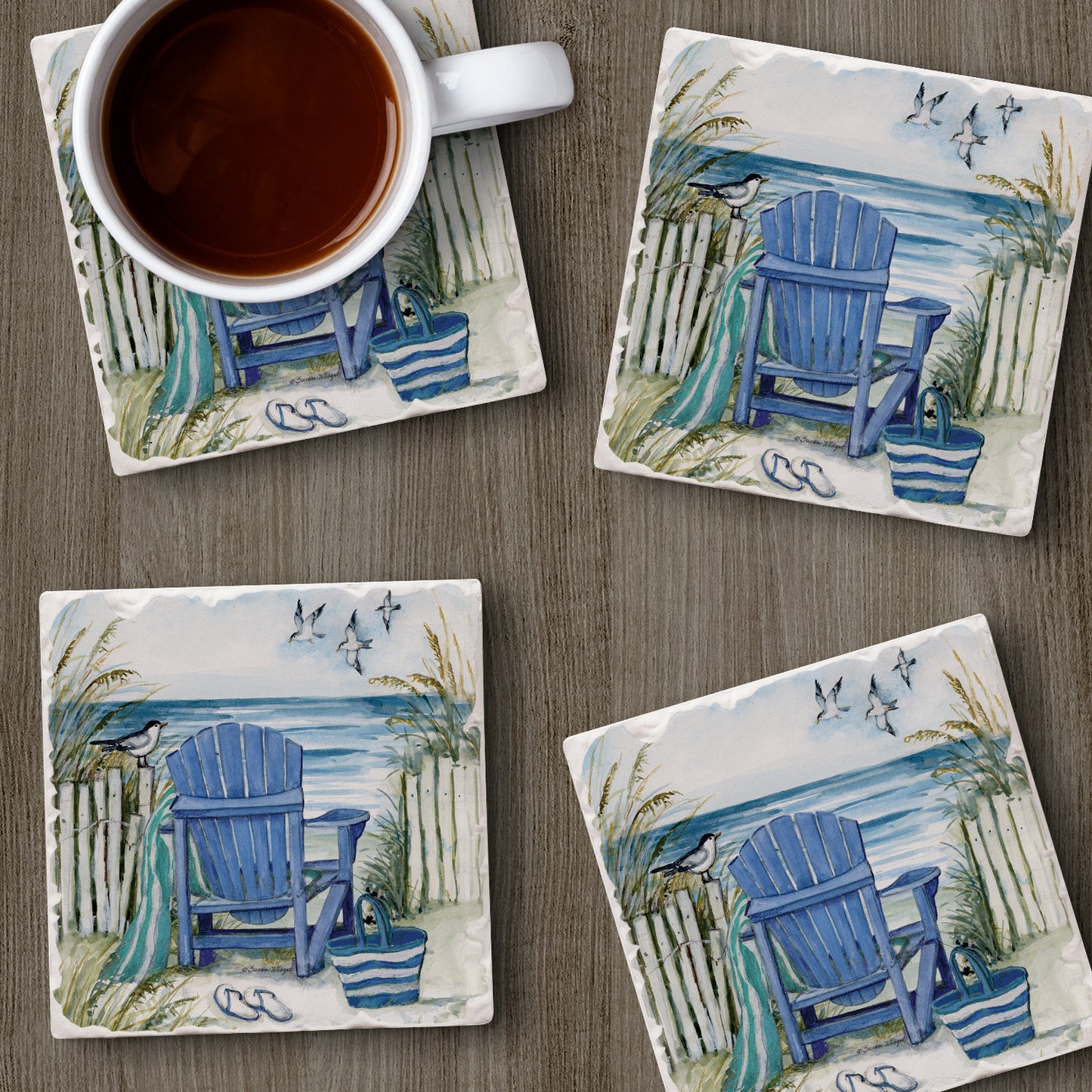Thirstystone Chairs by The Sea 4-Pack Tumbled Tile Stone Coasters 4" Square Manufactured in the USA