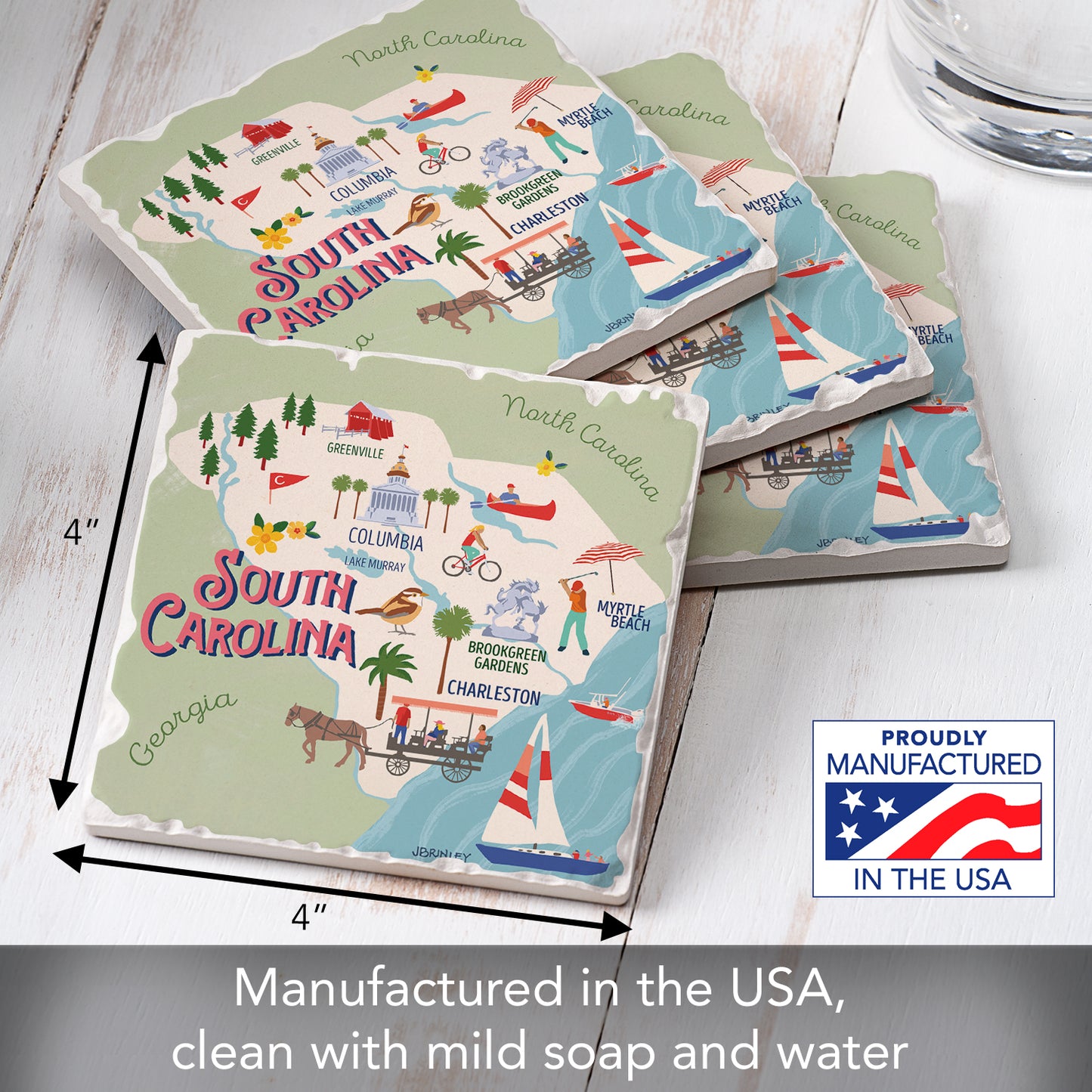 Thirstystone South Carolina Attractions 4 Pack Tumbled Tile Stone Coasters 4" Square Manufactured in the USA