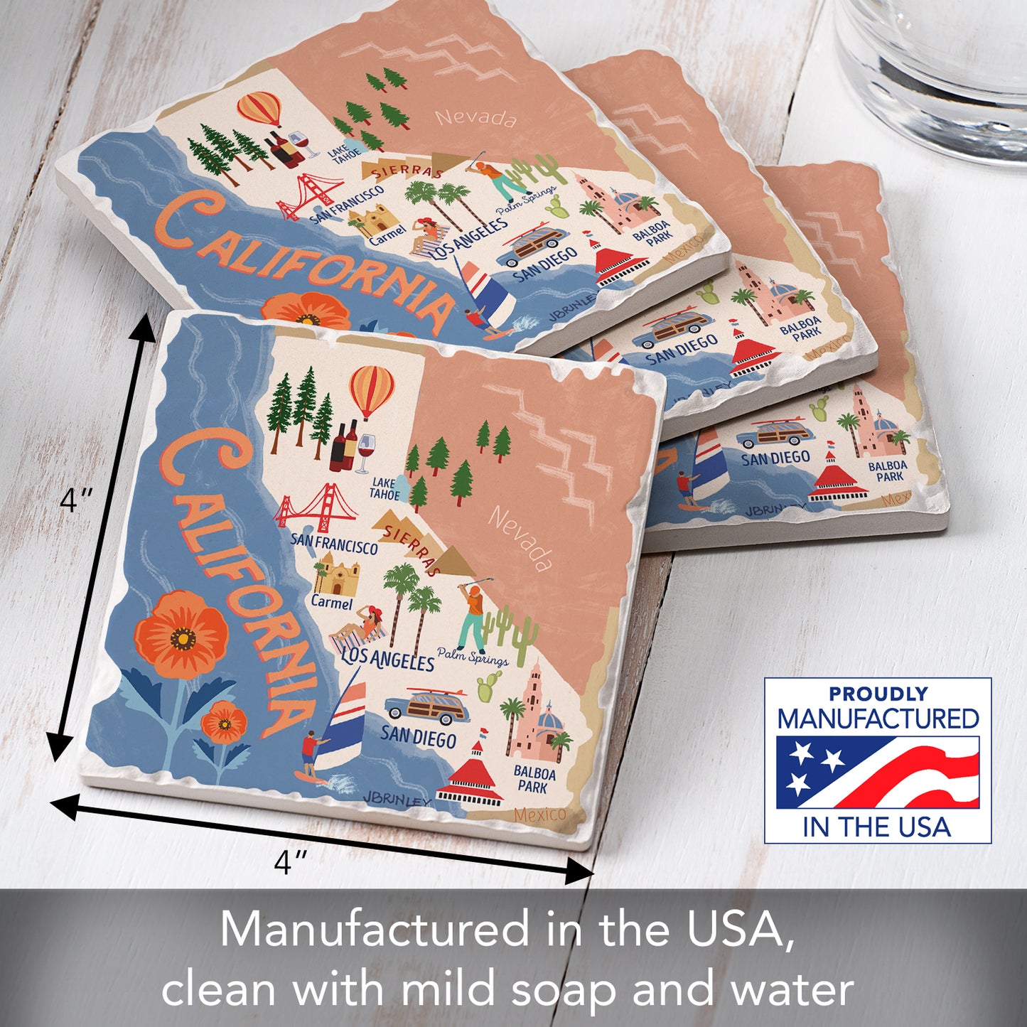 Thirstystone California State Attractions 4 Pack Tumbled Tile Stone Coasters 4” Square Manufactured in the USA