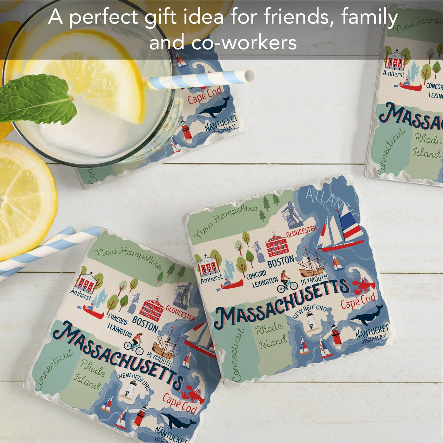 Thirstystone Massachusetts Attractions 4 Pack Tumbled Tile Stone Coasters 4" Square Manufactured in the USA
