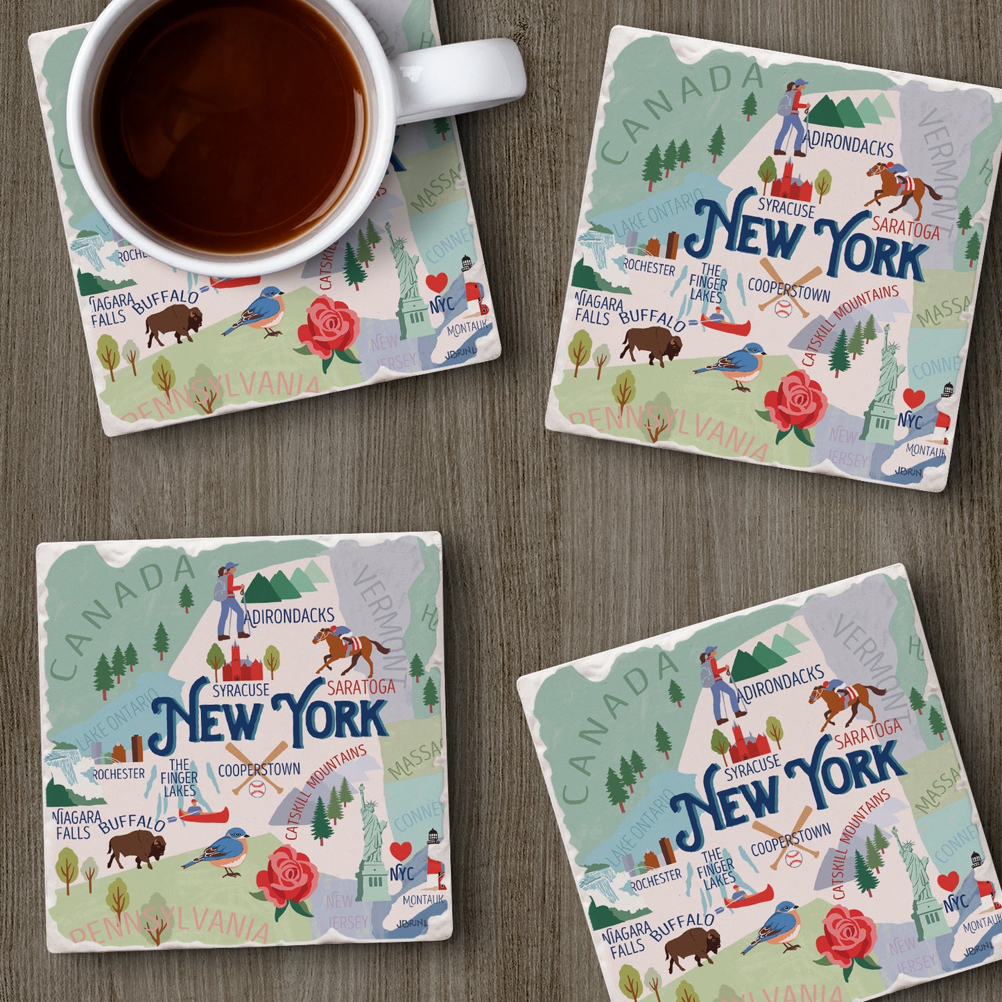 Thirstystone New York Attractions 4 Pack Tumbled Tile Stone Coasters 4” Square Manufactured in the USA