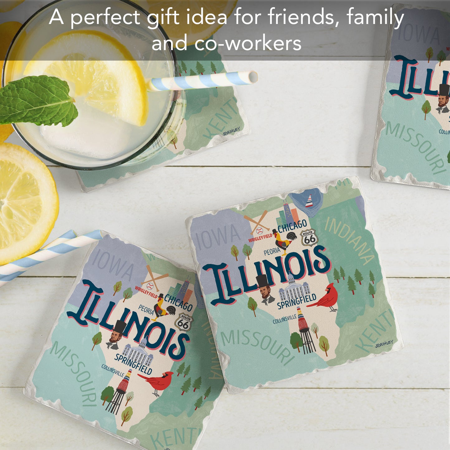 Thirstystone Illinois Attractions 4 Pack Tumbled Tile Stone Coasters 4” Square Manufactured in the USA
