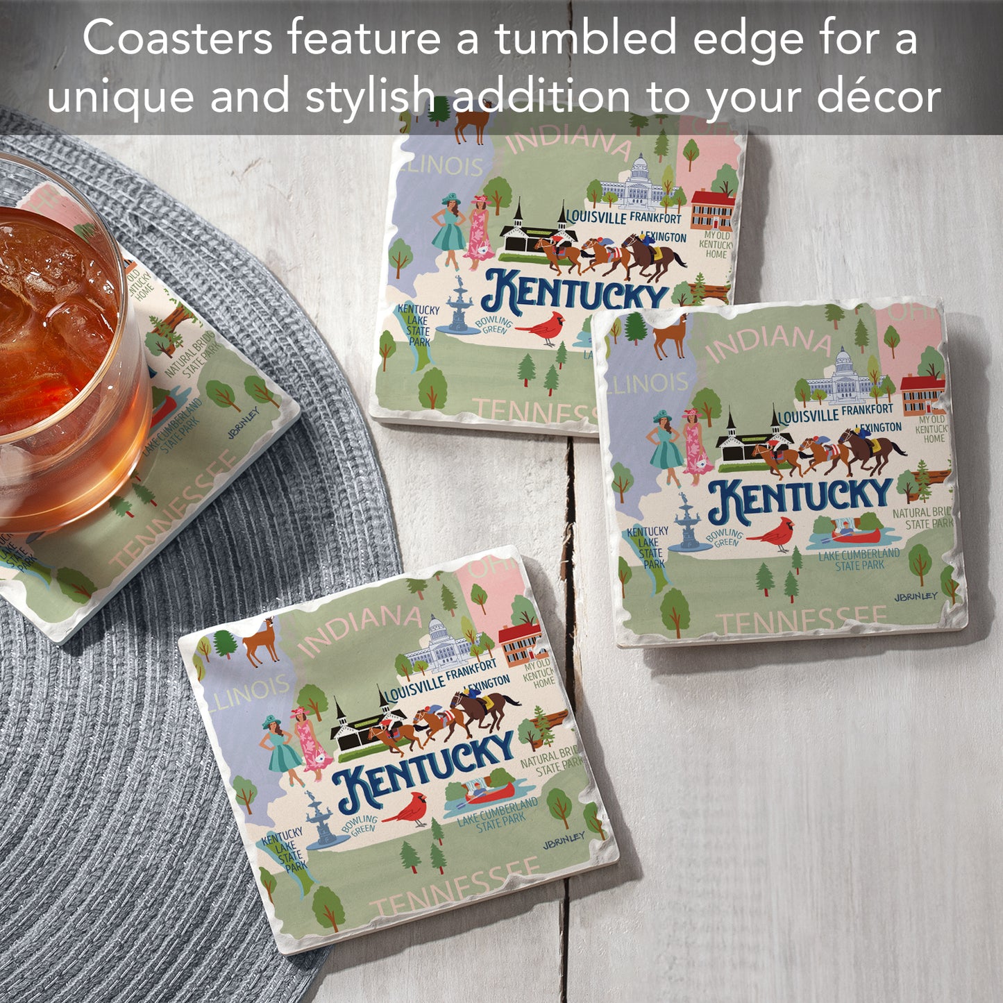 Thirstystone Kentucky Attractions 4 Pack Tumbled Tile Stone Coasters 4” Square Manufactured in the USA
