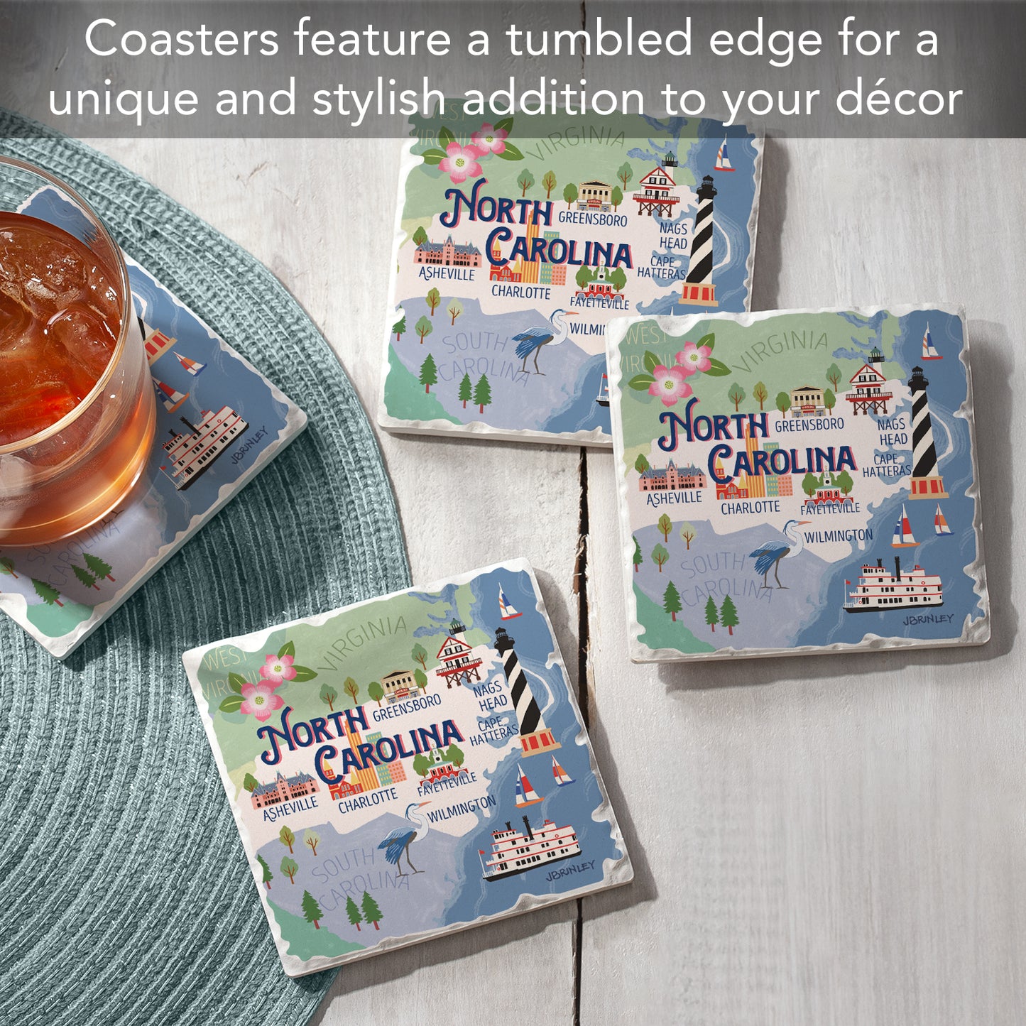 Thirstystone North Carolina Attractions 4 Pack Tumbled Tile Stone Coasters 4” Square Manufactured in the USA