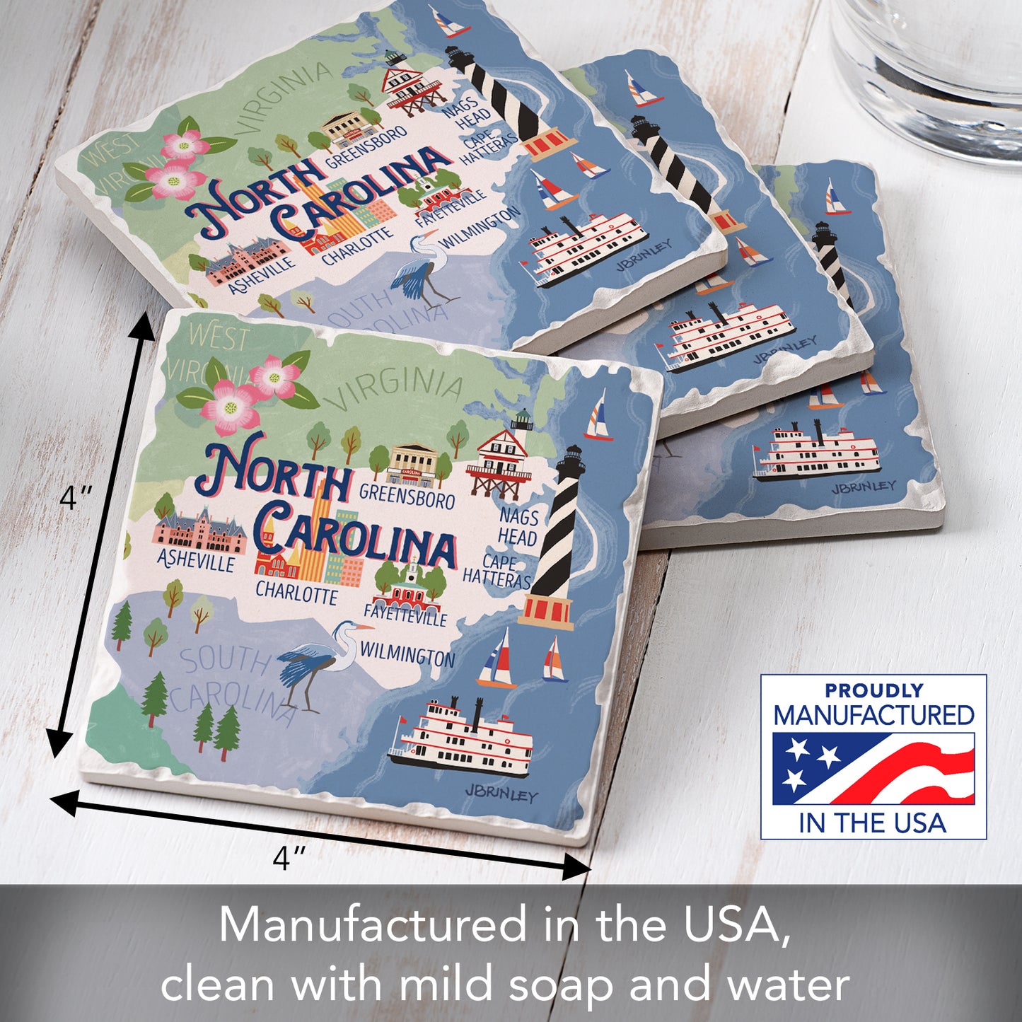 Thirstystone North Carolina Attractions 4 Pack Tumbled Tile Stone Coasters 4” Square Manufactured in the USA