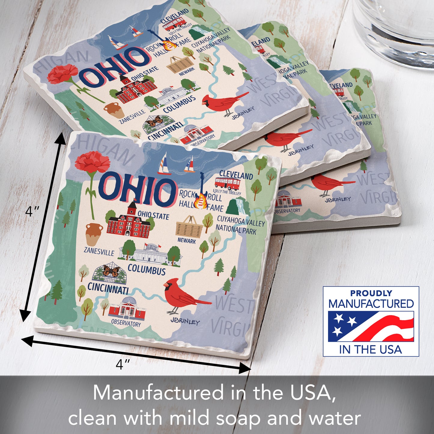 Thirstystone Ohio Attractions 4 Pack Tumbled Tile Stone Coasters 4” Square Manufactured in the USA