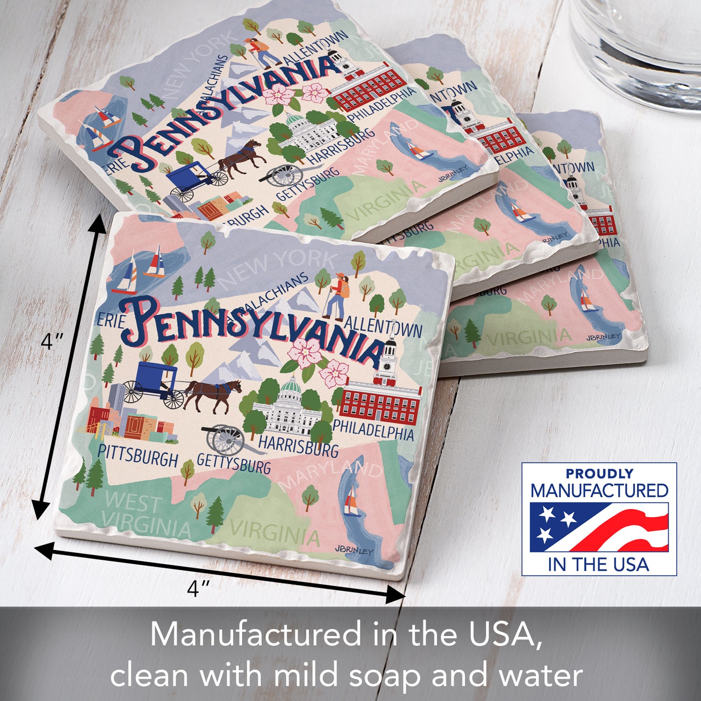 Thirstystone Pennsylvania Attractions 4 Pack Tumbled Tile Stone Coasters 4” Square Manufactured in the USA