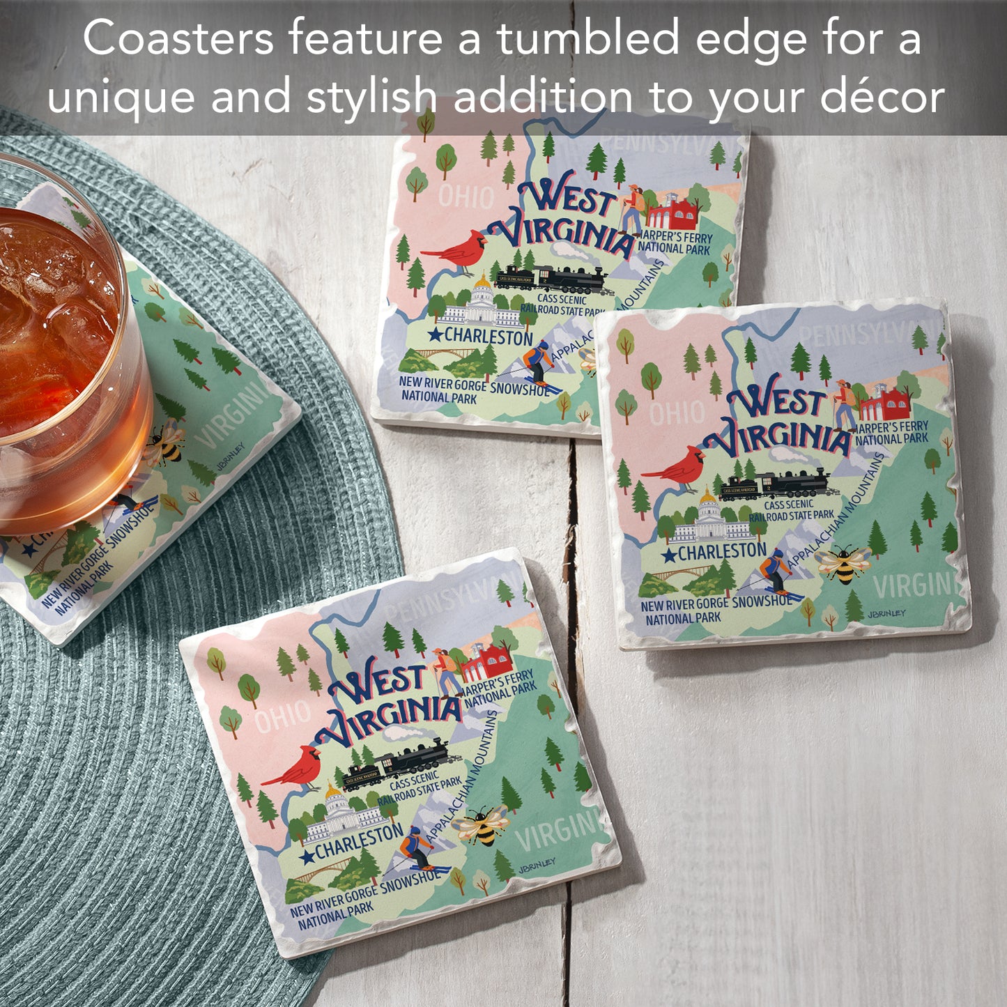 Thirstystone West Virginia Attractions 4 Pack Tumbled Tile Stone Coasters 4" Square Manufactured in the USA