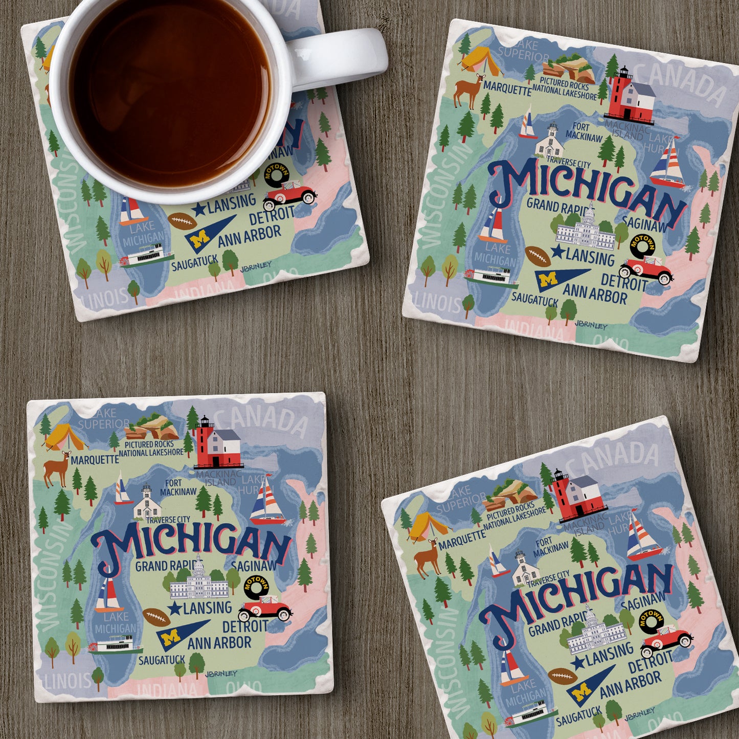 Thirstystone Michigan Attractions 4 Pack Tumbled Tile Stone Coasters 4" Square Manufactured in the USA