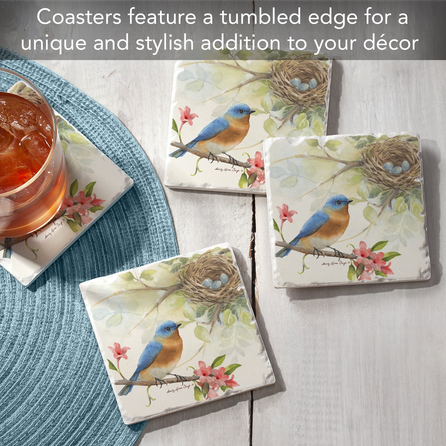 Thirstystone Bluebird 4 Pack Tumbled Tile Stone Coasters 4" Square Manufactured in the USA