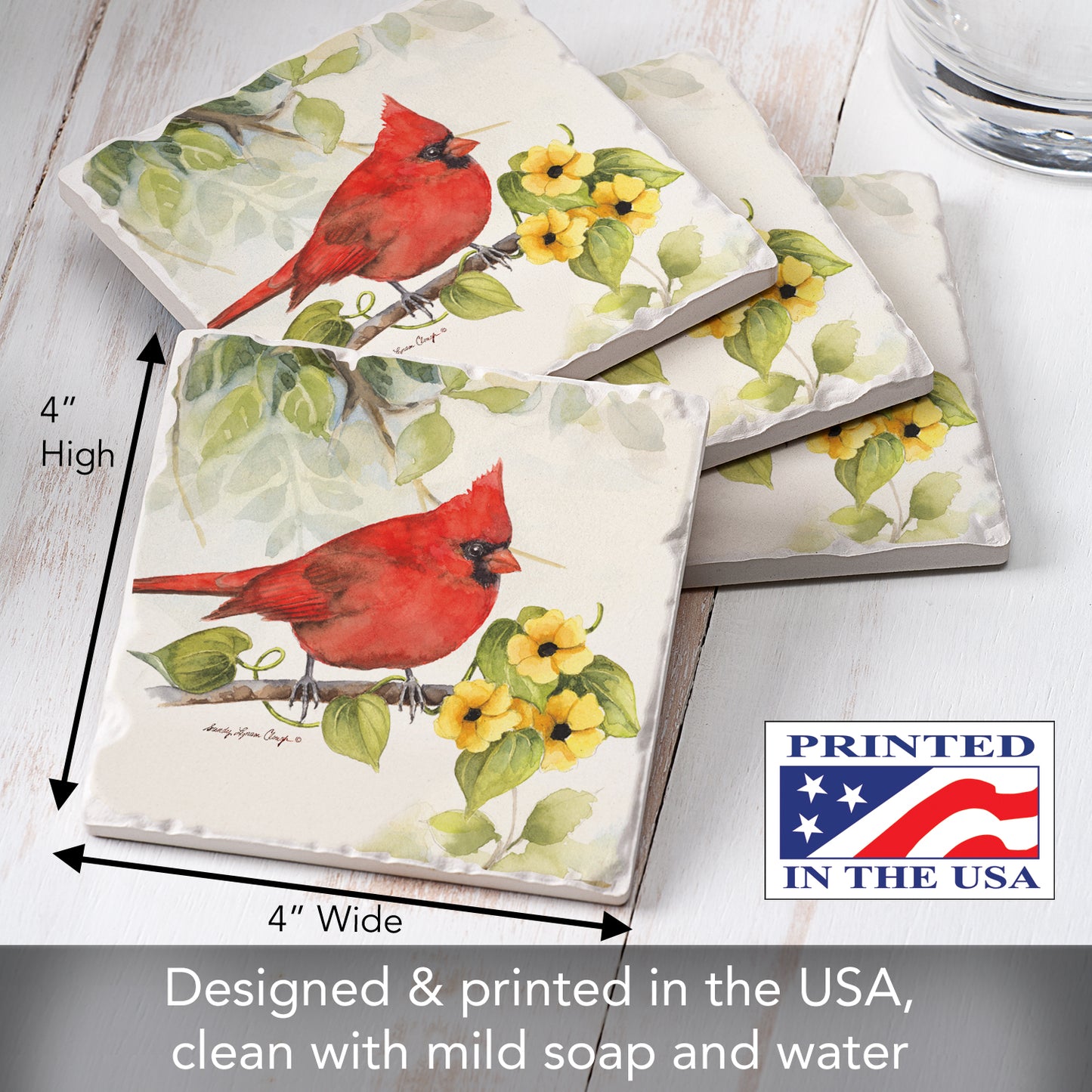 Thirstystone Cardinal 4 Pack Tumbled Tile Stone Coasters 4" Square Manufactured in the USA