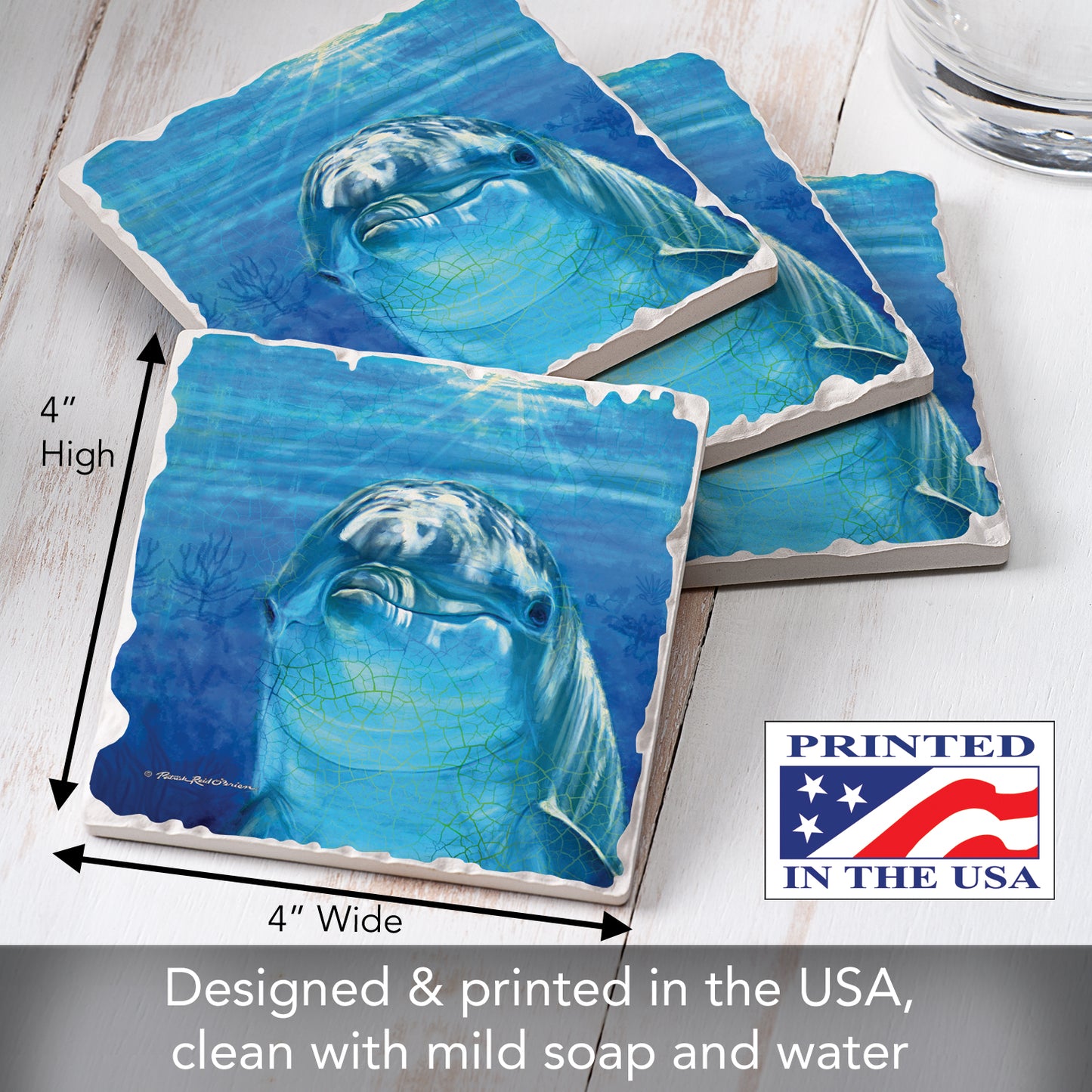 Thirstystone Dolphin Smile 4-Pack Tumbled Tile Stone Coasters 4" Square Manufactured in the USA