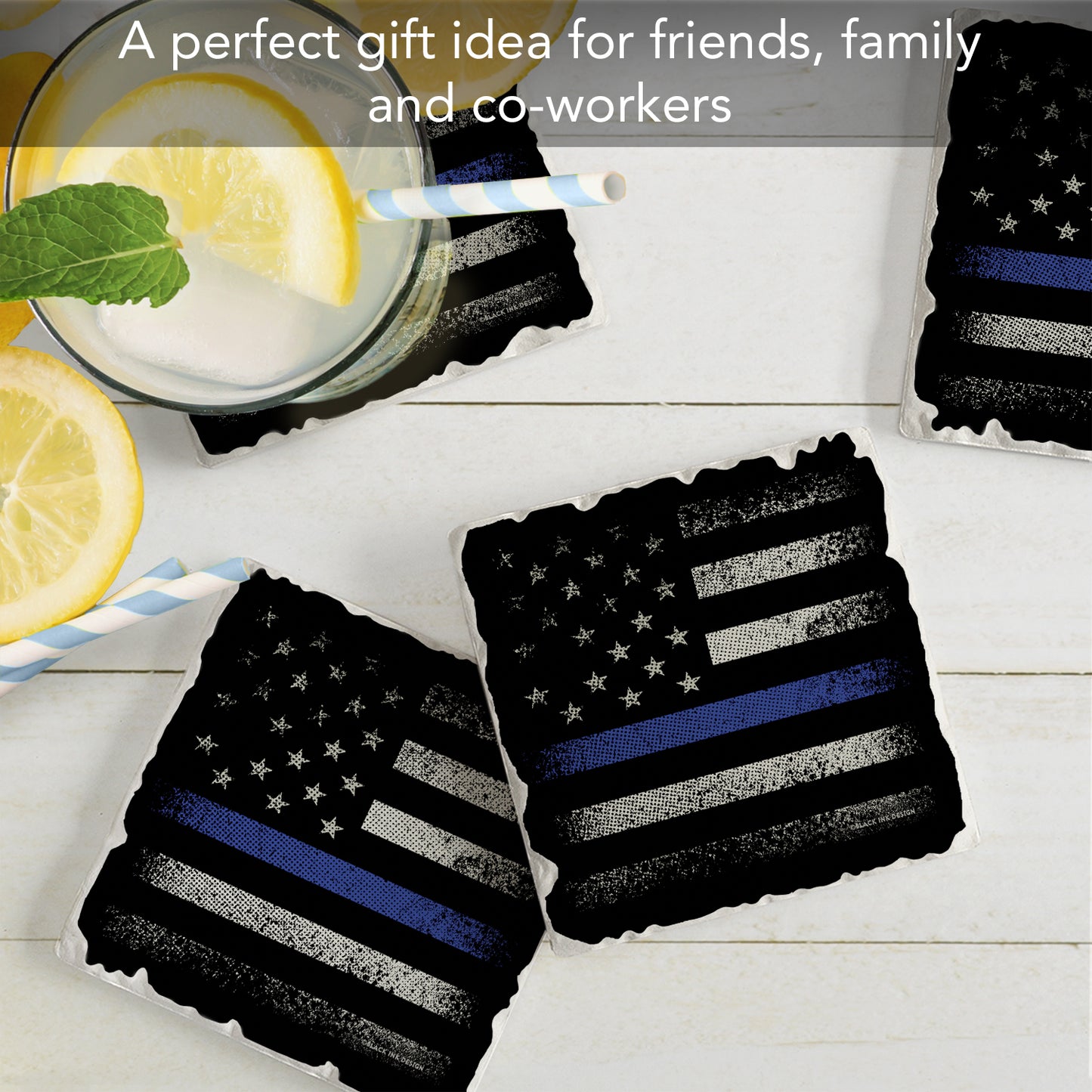 CounterArt Blue Line Flag 4 Pack Tumbled Tile Stone Coasters with Protective Cork Backing Manufactured in The USA