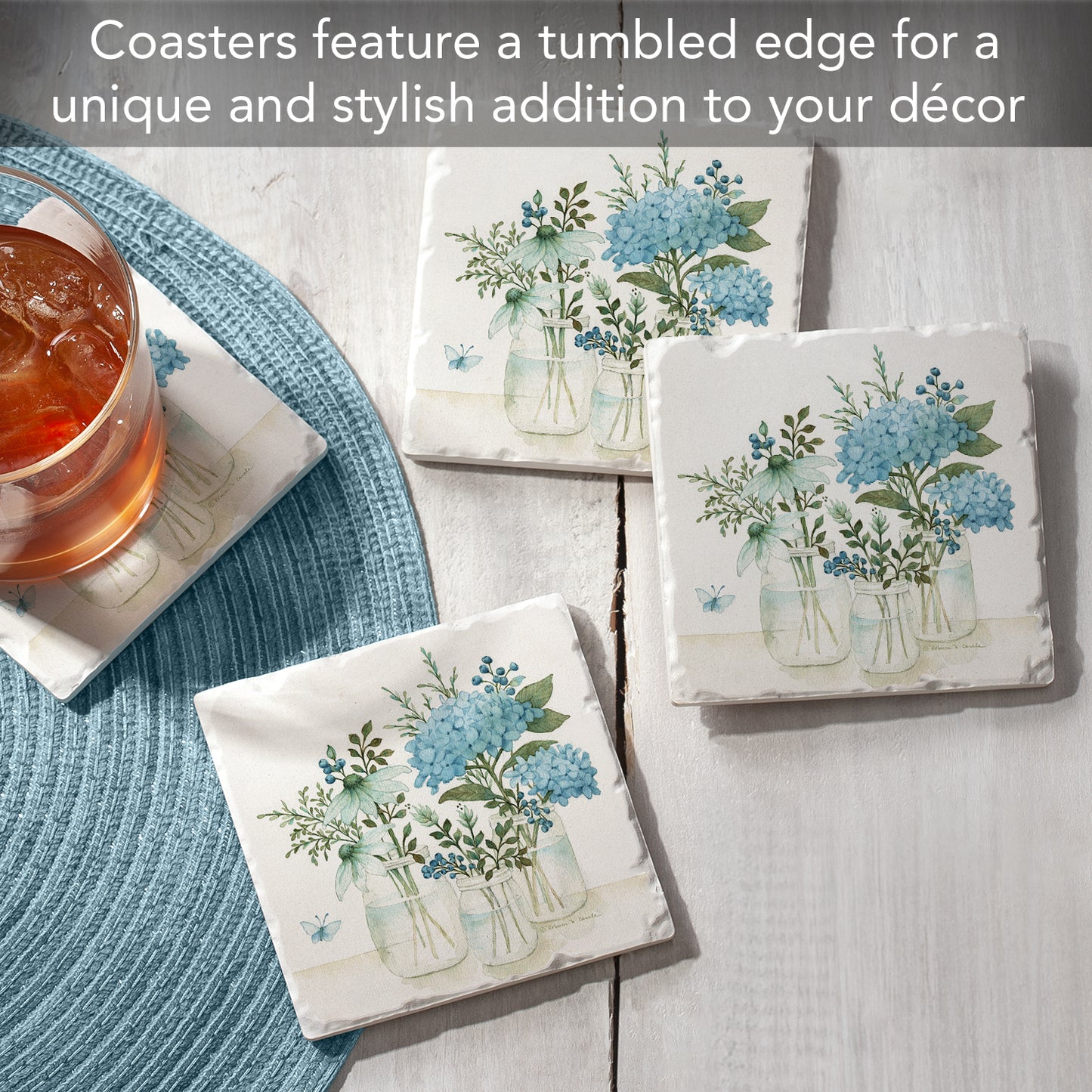 Thirstystone Mason Jar Florals 4 Pack Tumbled Tile Stone Coasters 4" Square Manufactured in the USA