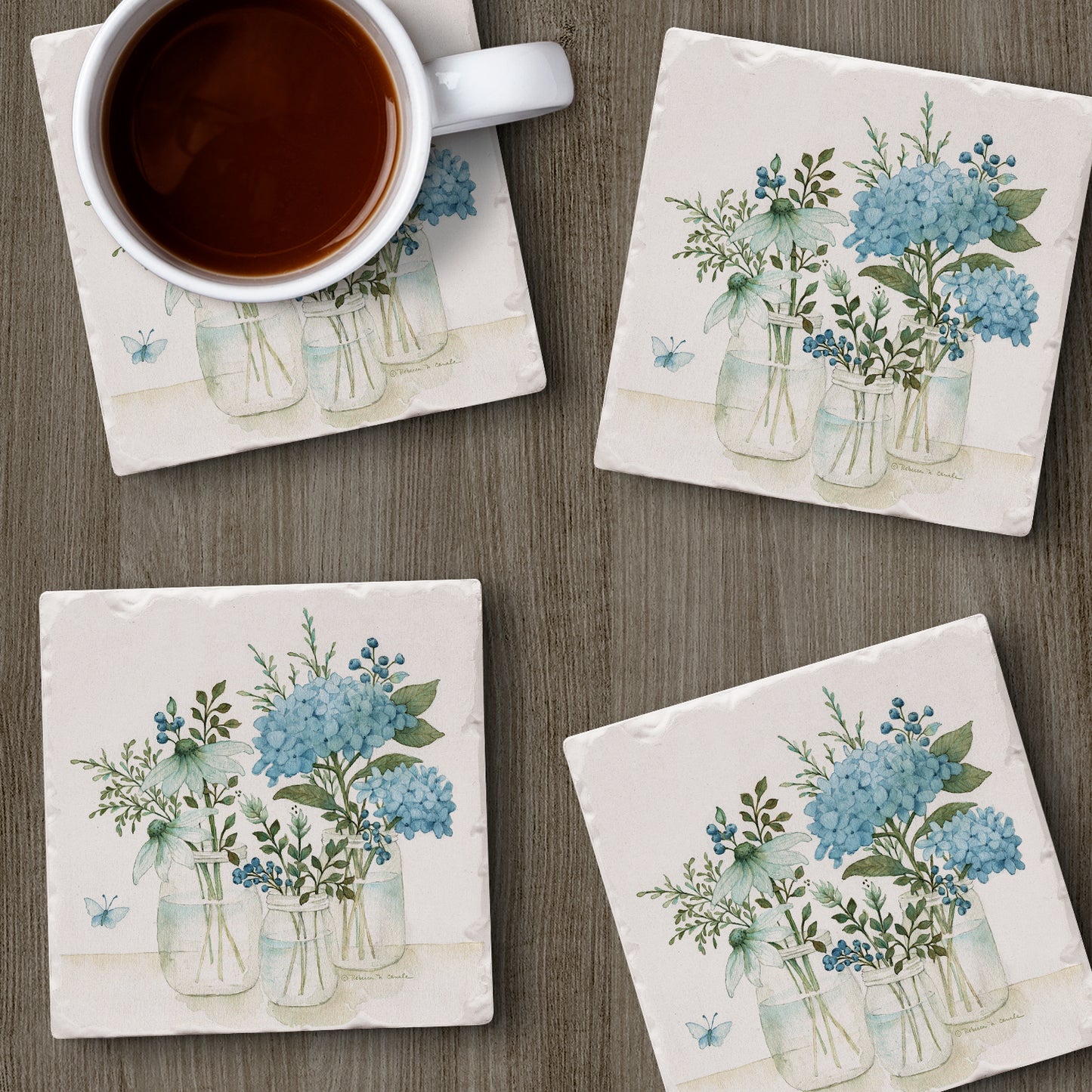 Thirstystone Mason Jar Florals 4 Pack Tumbled Tile Stone Coasters 4" Square Manufactured in the USA