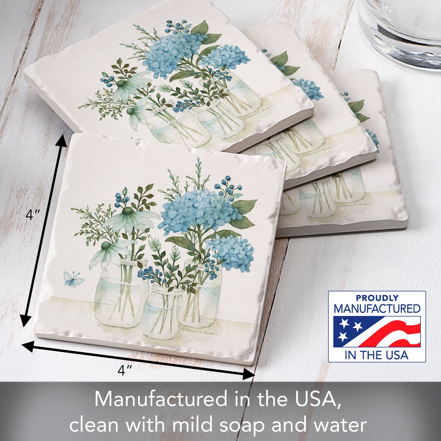 Thirstystone Mason Jar Florals 4 Pack Tumbled Tile Stone Coasters 4" Square Manufactured in the USA