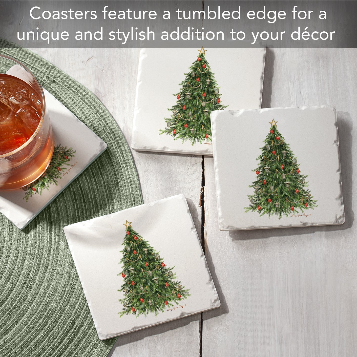 Thirstystone O' Christmas Tree 4 Pack Tumbled Tile Stone Coasters 4" Square Manufactured in the USA