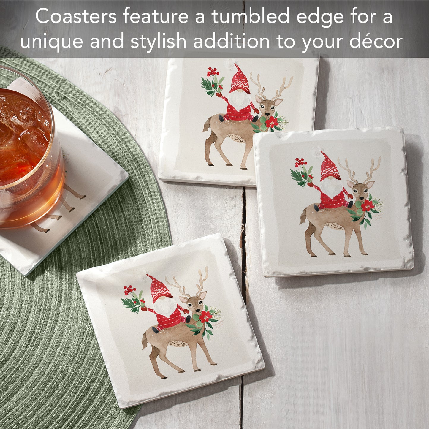 Thirstystone Gnome On Deer 4-Pack Absorbent Stone Tumbled Tile Coasters 4" Square Manufactured in the USA
