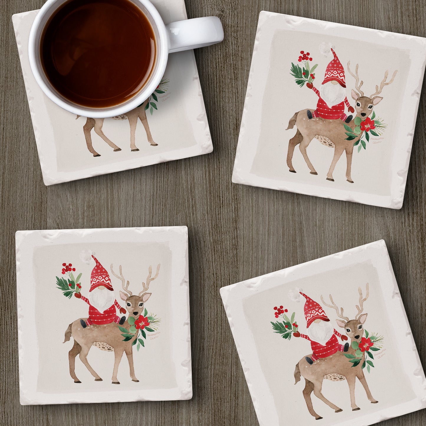Thirstystone Gnome On Deer 4-Pack Absorbent Stone Tumbled Tile Coasters 4" Square Manufactured in the USA