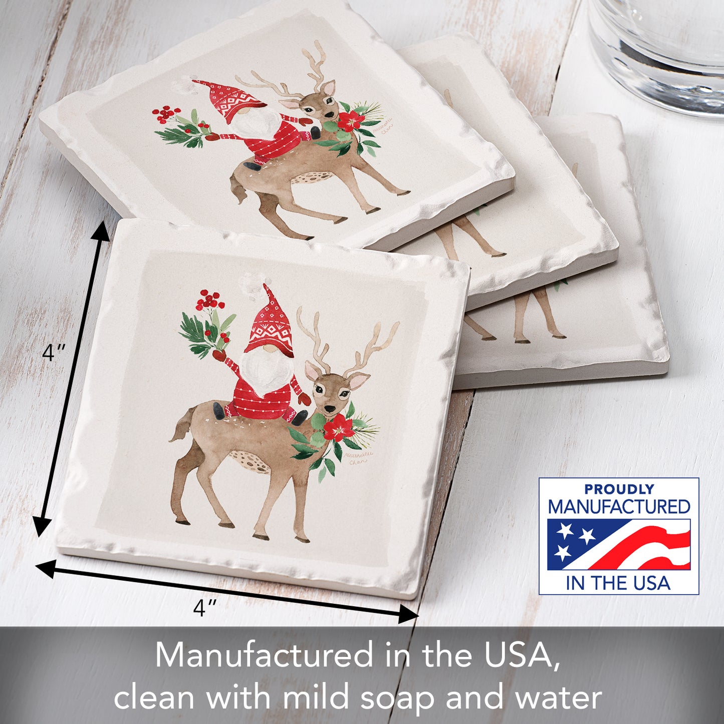 Thirstystone Gnome On Deer 4-Pack Absorbent Stone Tumbled Tile Coasters 4" Square Manufactured in the USA