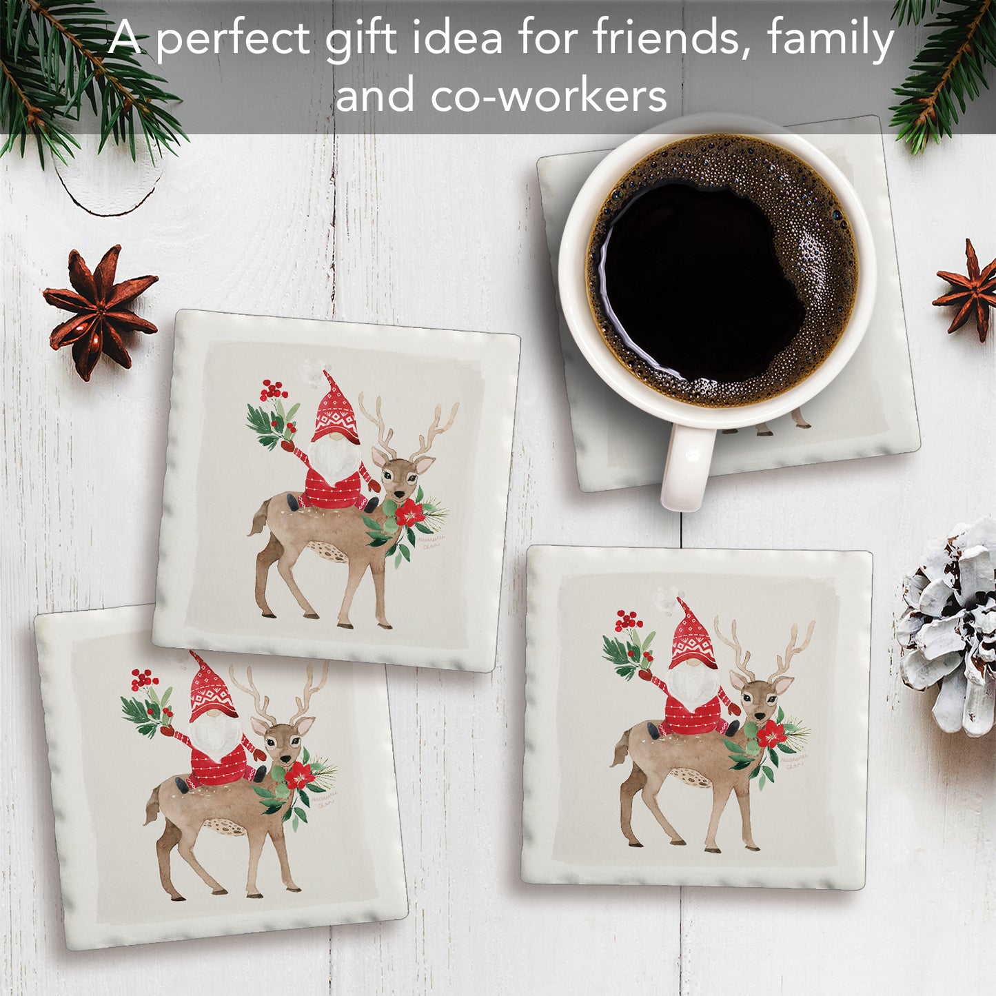 Thirstystone Gnome On Deer 4-Pack Absorbent Stone Tumbled Tile Coasters 4" Square Manufactured in the USA