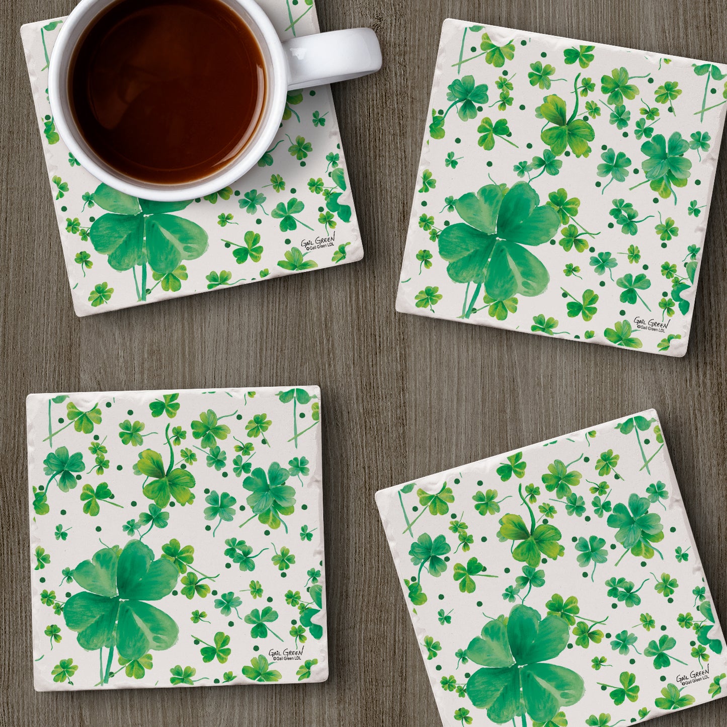 Thirstystone Shamrock Pattern 4-Pack Absorbent Stone Tumbled Tile Coasters 4" Square Manufactured in the USA