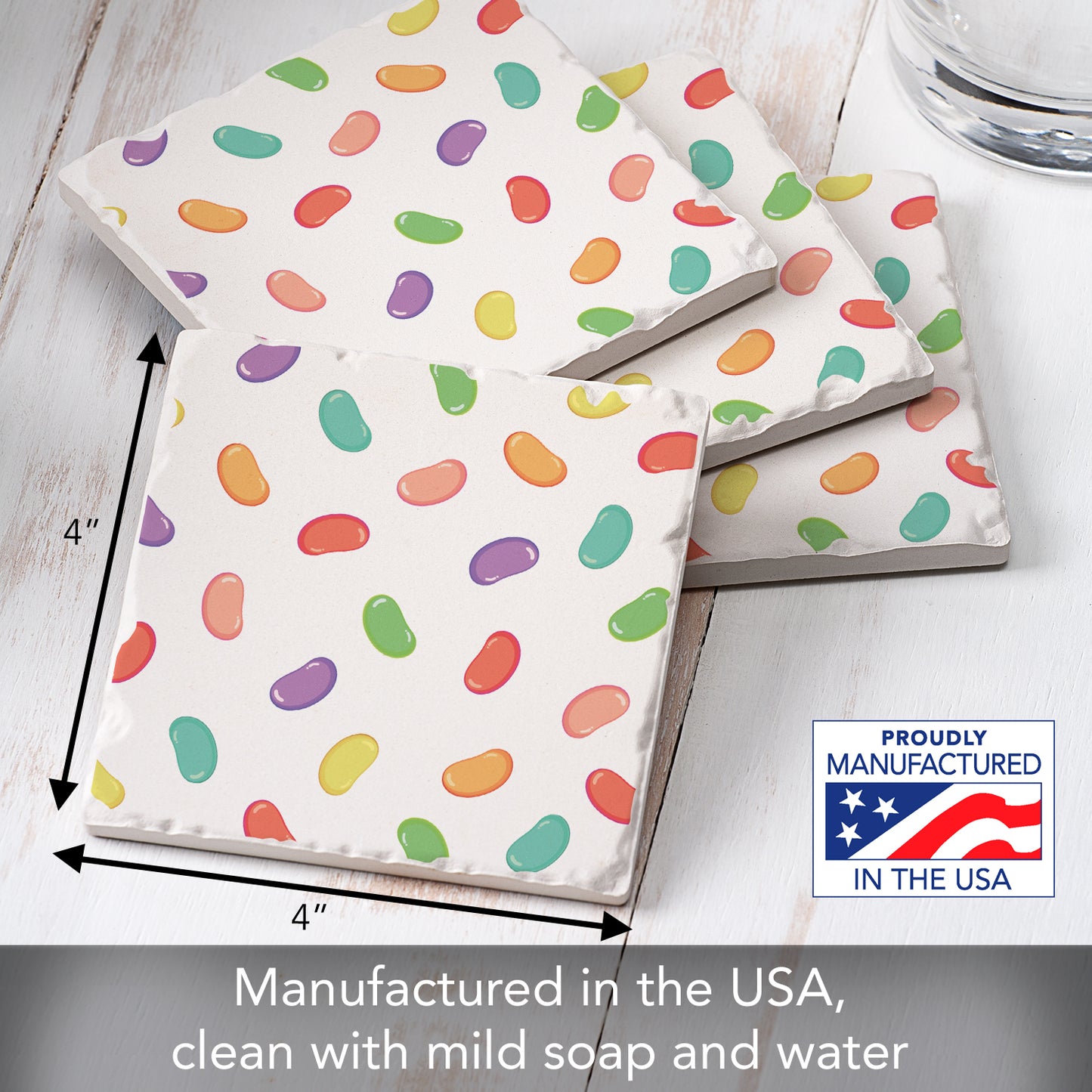 Thirstystone Jelly Beans 4-Pack Absorbent Stone Tumbled Tile Coasters 4" Square Manufactured in the USA