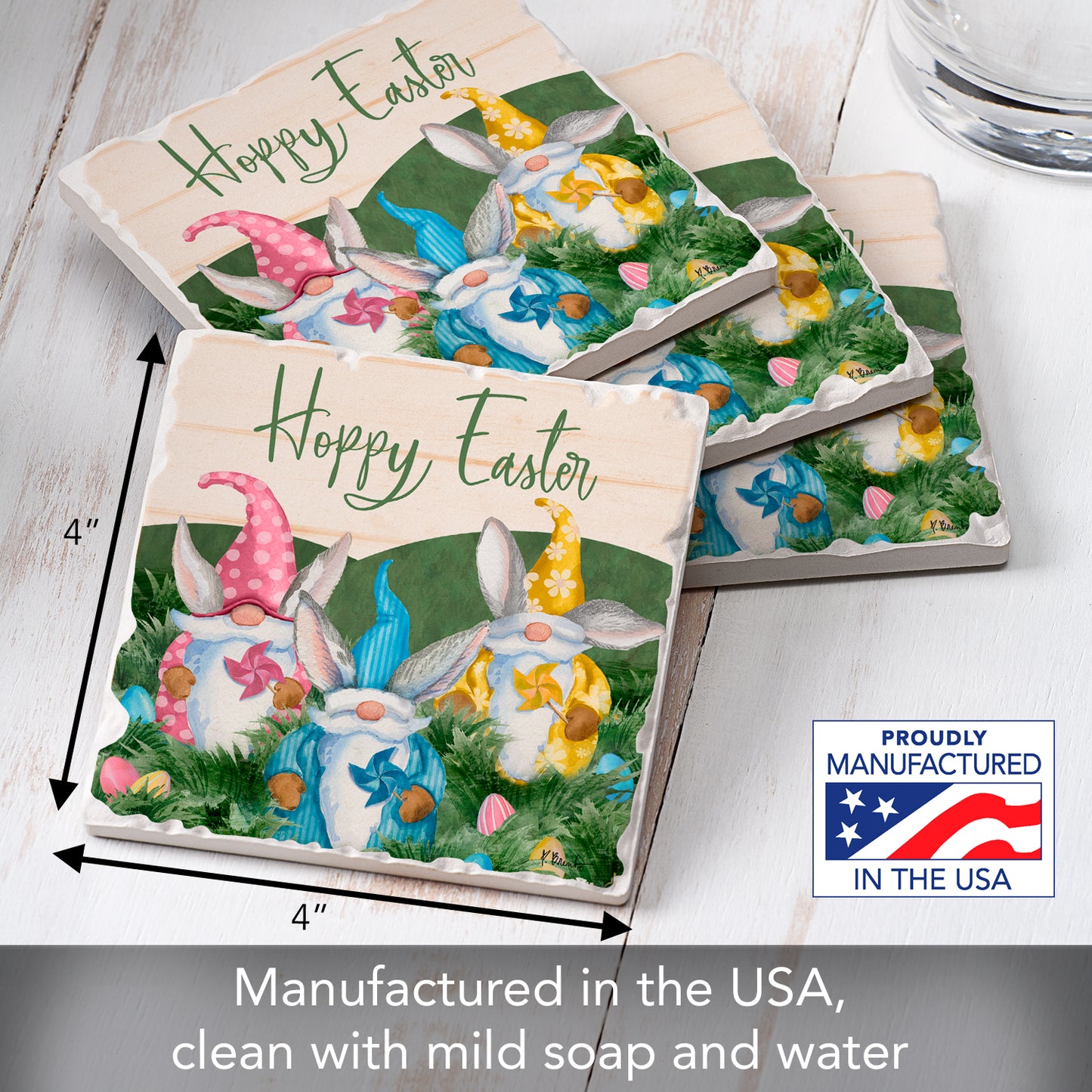 Thirstystone Hoppy Easter 4 Pack Tumbled Tile Stone Coasters 4" Square Manufactured in the USA