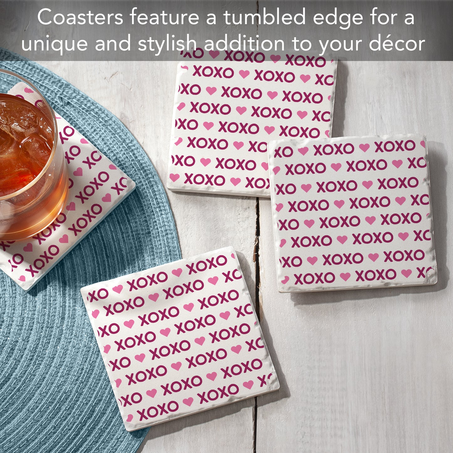 Thirstystone XOXO 4 Pack Absorbent Stone Tumbled Tile Coasters with Protective Cork Backing 4" Square Manufactured in The USA Artistic Absorbent Easily Wipes Clean