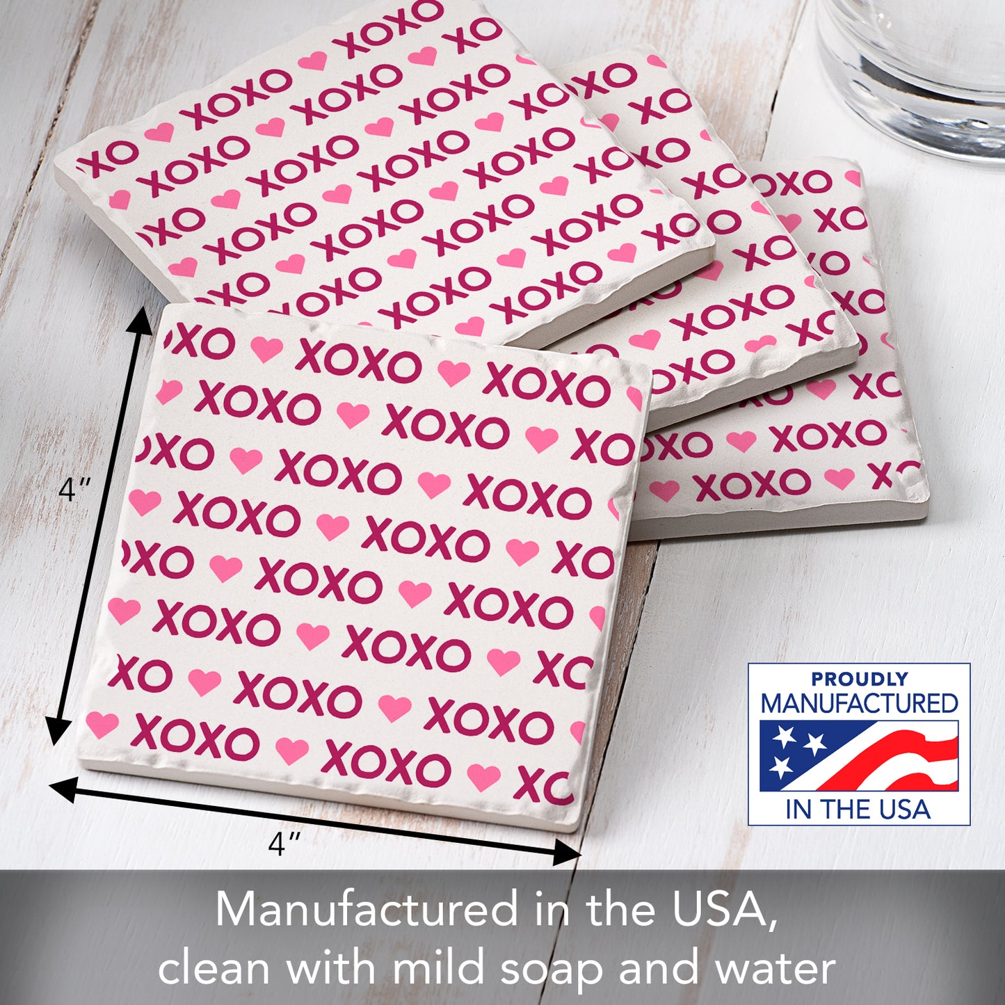 Thirstystone XOXO 4 Pack Absorbent Stone Tumbled Tile Coasters with Protective Cork Backing 4" Square Manufactured in The USA Artistic Absorbent Easily Wipes Clean
