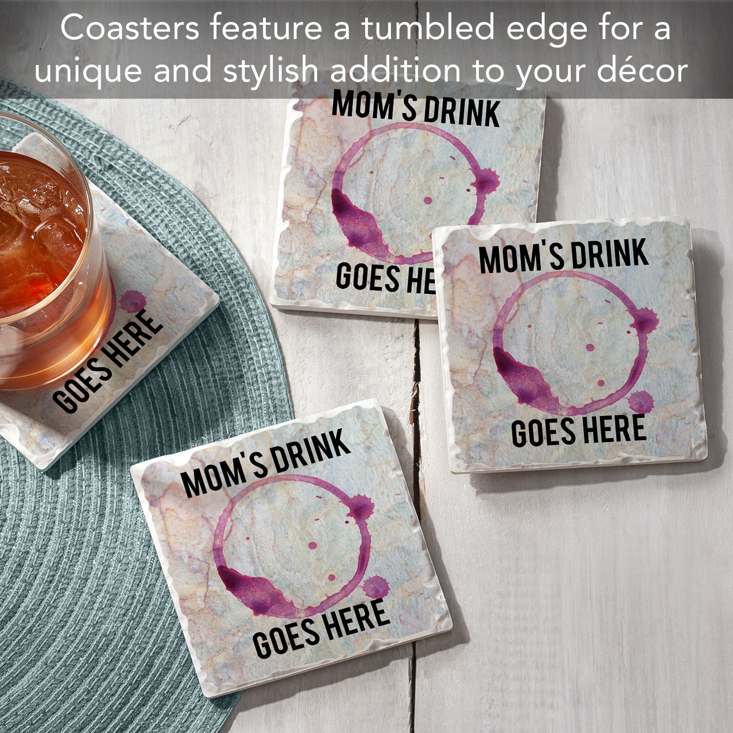 Thirstystone Mom's Drink 4 Pack Absorbent Stone Tumbled Tile Coasters with Protective Cork Backing 4" Square Manufactured in The USA Artistic Absorbent Easily Wipes Clean