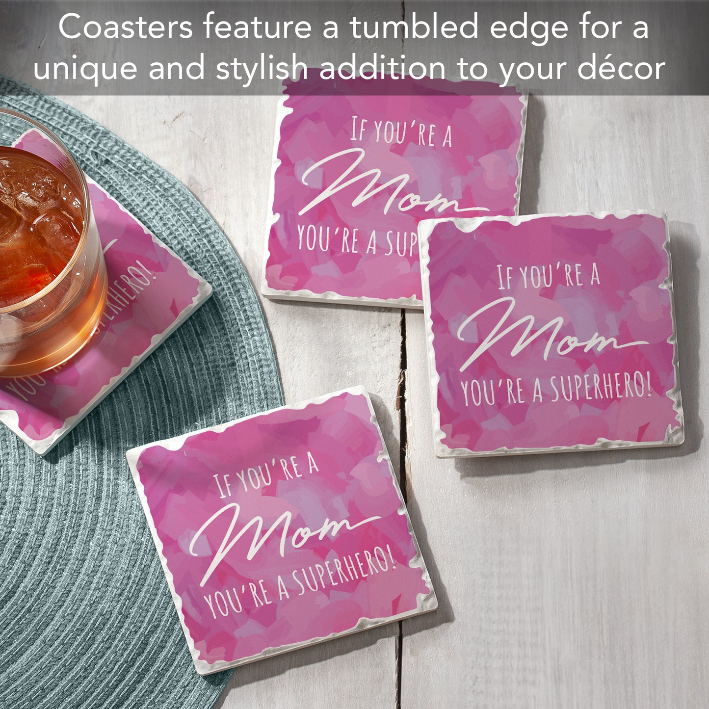 Thirstystone Superhero Mom 4 Pack Absorbent Stone Tumbled Tile Coasters with Protective Cork Backing 4" Square Manufactured in The USA Artistic Absorbent Easily Wipes Clean