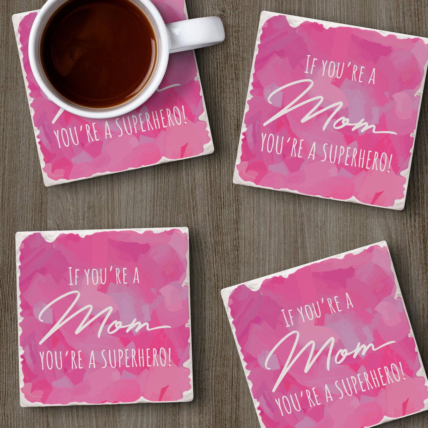 Thirstystone Superhero Mom 4 Pack Absorbent Stone Tumbled Tile Coasters with Protective Cork Backing 4" Square Manufactured in The USA Artistic Absorbent Easily Wipes Clean