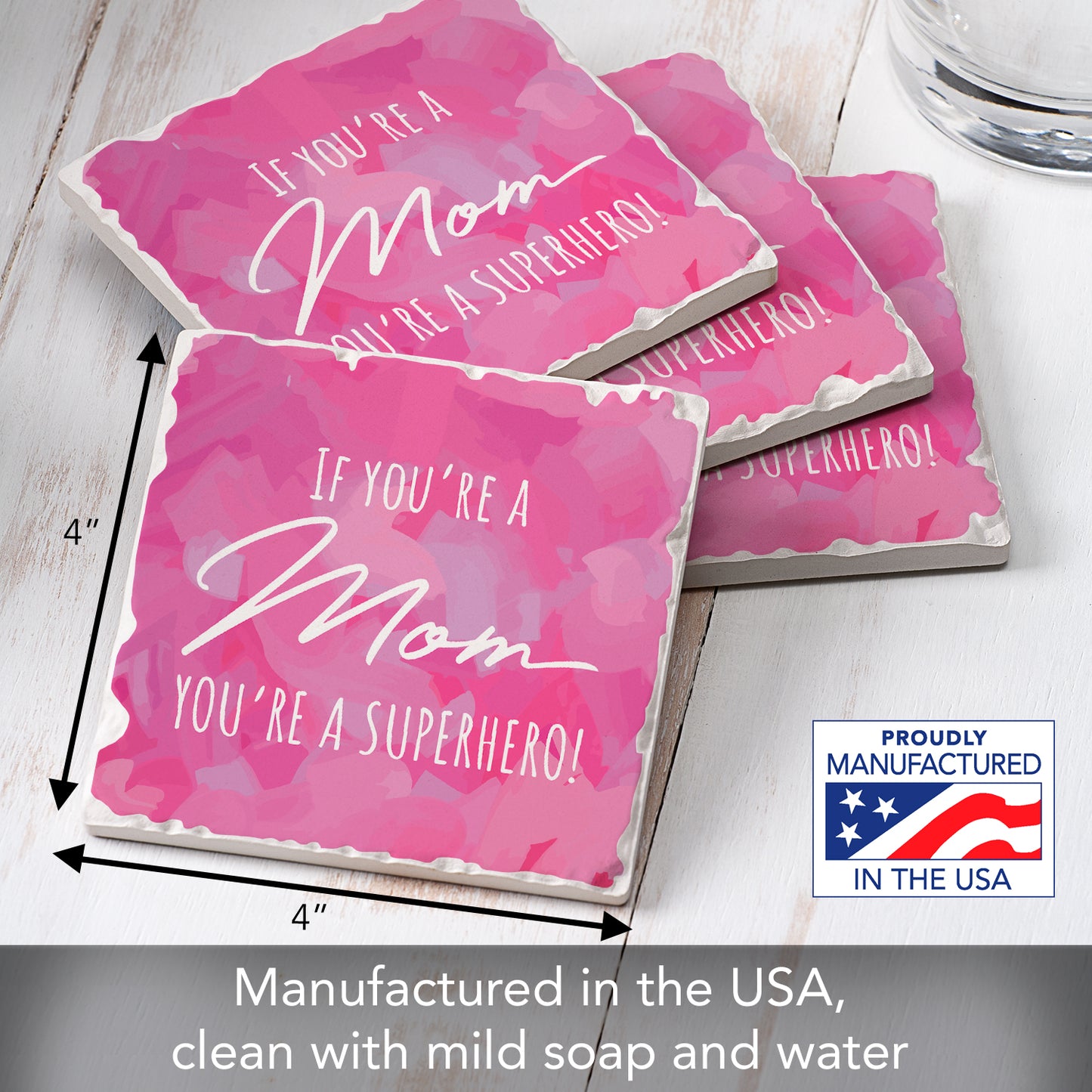 Thirstystone Superhero Mom 4 Pack Absorbent Stone Tumbled Tile Coasters with Protective Cork Backing 4" Square Manufactured in The USA Artistic Absorbent Easily Wipes Clean