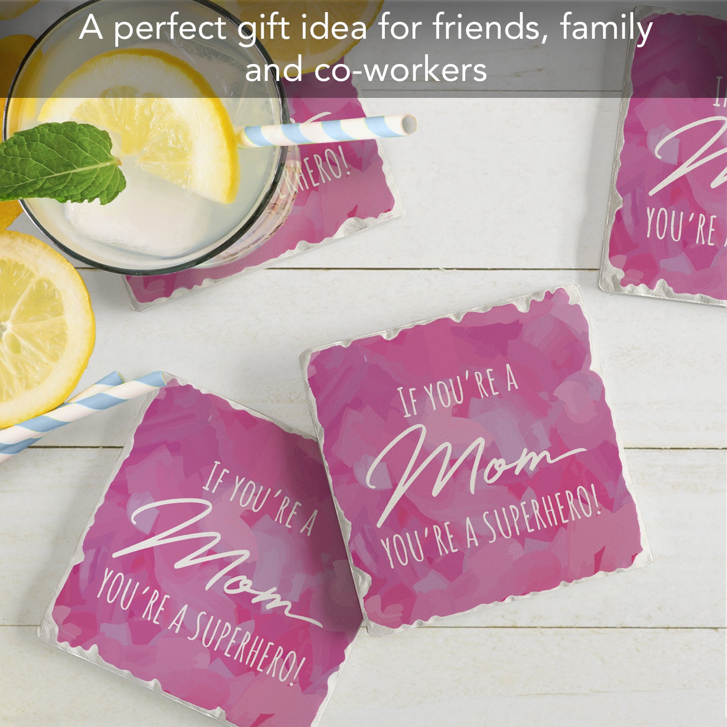 Thirstystone Superhero Mom 4 Pack Absorbent Stone Tumbled Tile Coasters with Protective Cork Backing 4" Square Manufactured in The USA Artistic Absorbent Easily Wipes Clean