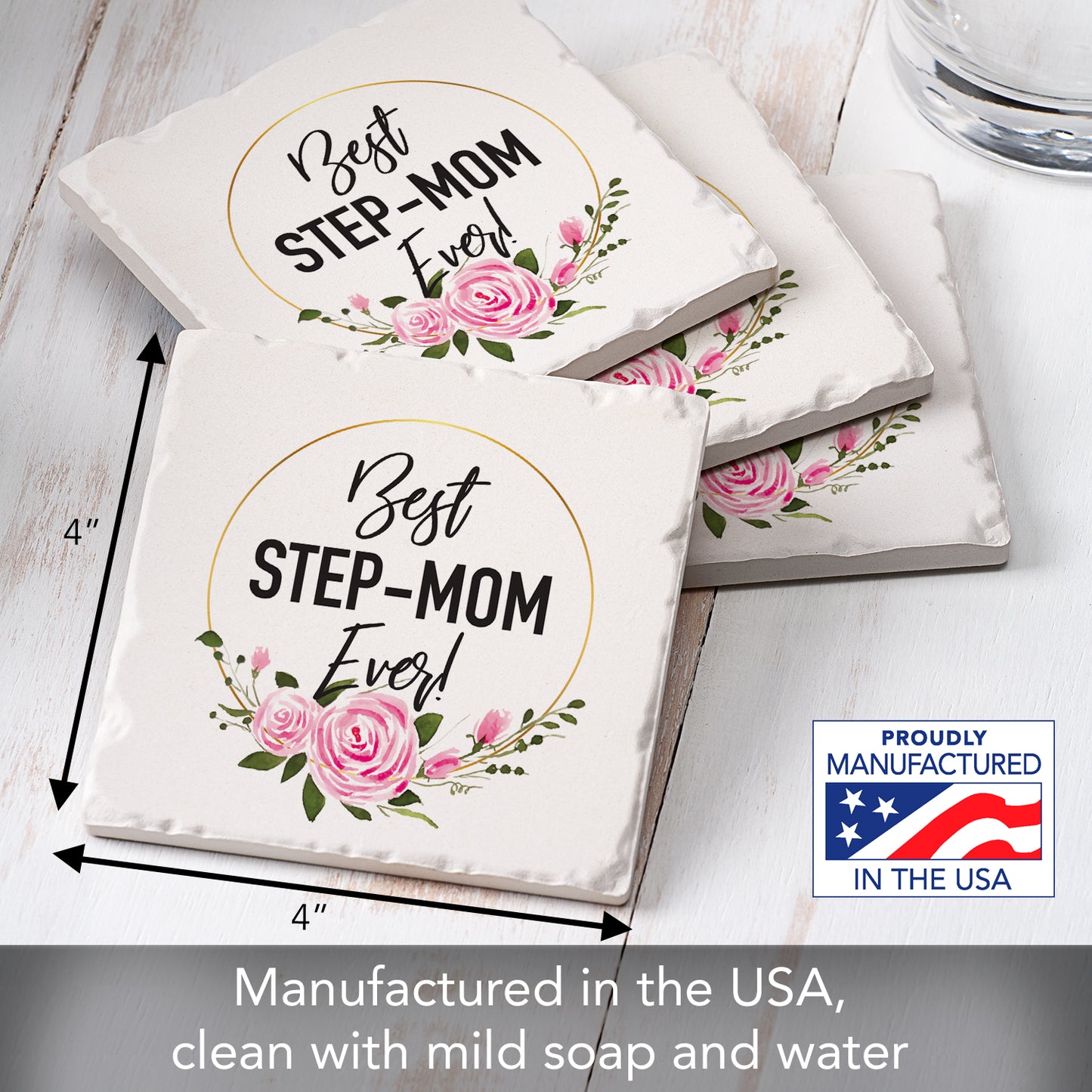 Thirstystone Best Step Mom 4 Pack Absorbent Stone Tumbled Tile Coasters with Protective Cork Backing 4" Square Manufactured in The USA Artistic Absorbent Easily Wipes Clean
