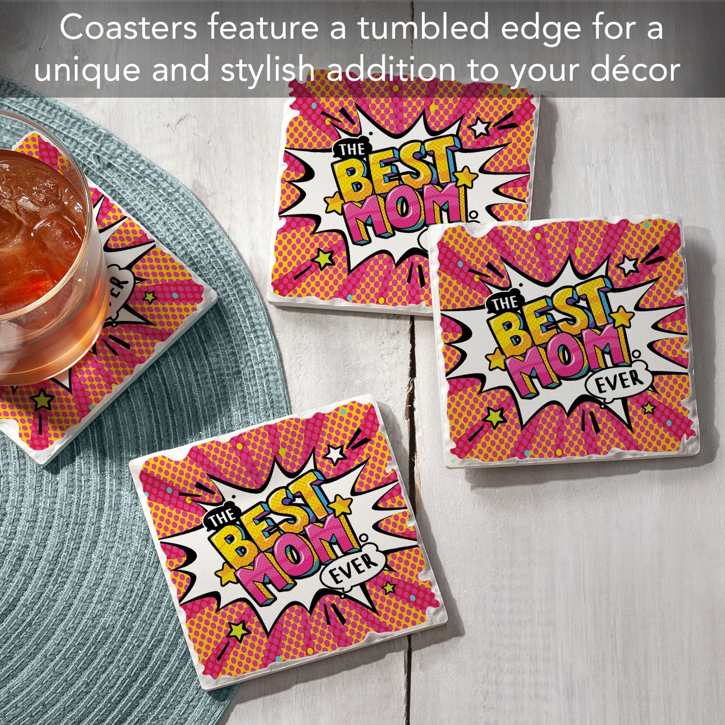 Thirstystone Best Mom Ever POW 4 Pack Absorbent Stone Tumbled Tile Coasters with Protective Cork Backing 4" Square Manufactured in The USA Artistic Absorbent Easily Wipes Clean