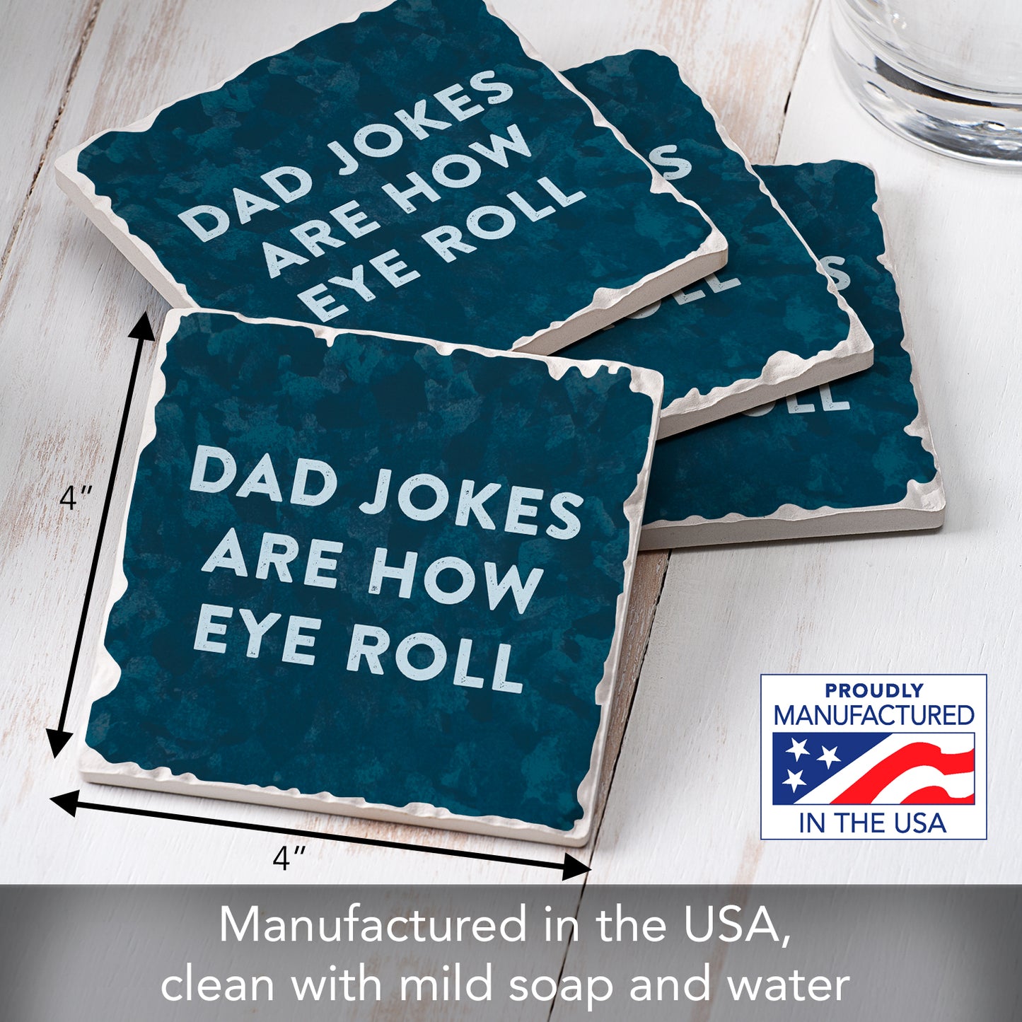 Thirstystone Dad Jokes 4 Pack Absorbent Stone Tumbled Tile Coasters with Protective Cork Backing 4" Square Manufactured in The USA Artistic Absorbent Easily Wipes Clean