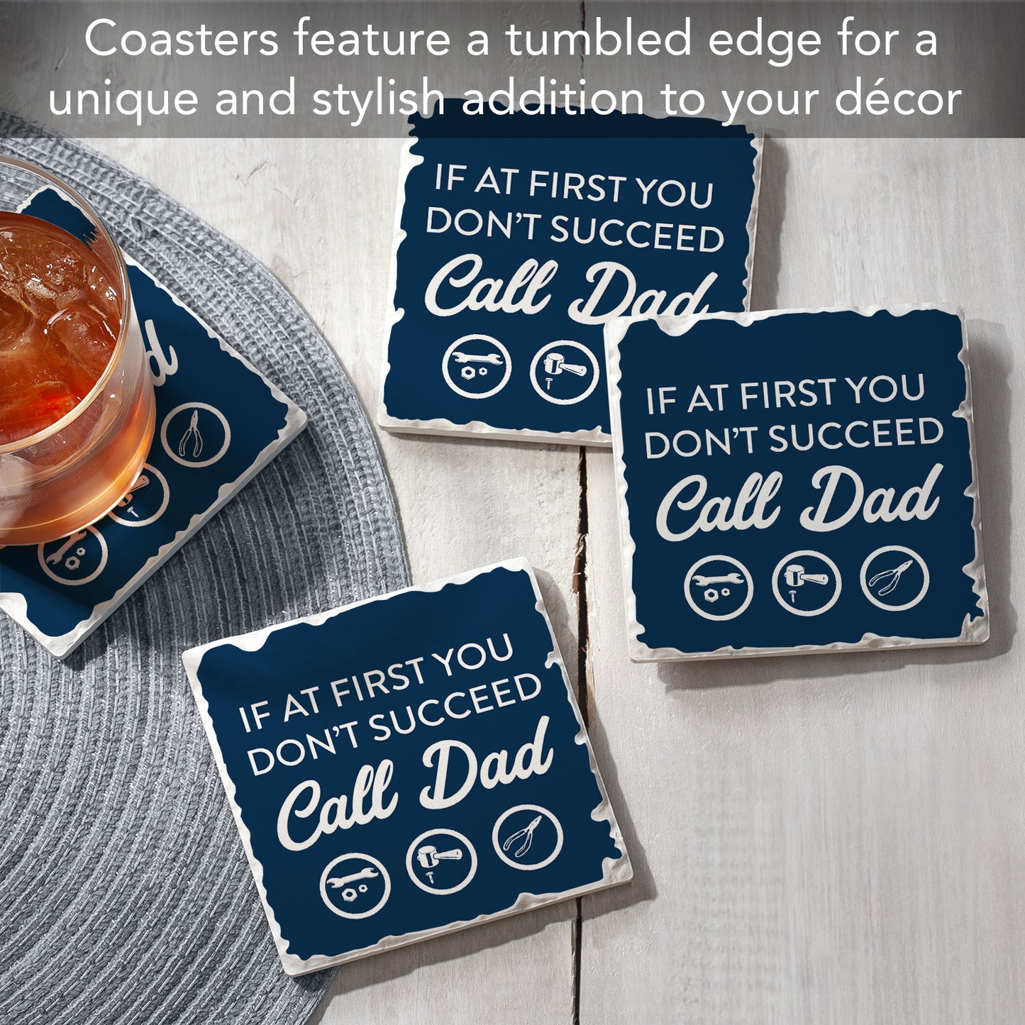 Thirstystone Call Dad 4 Pack Absorbent Stone Tumbled Tile Coasters with Protective Cork Backing 4" Square Manufactured in The USA Artistic Absorbent Easily Wipes Clean