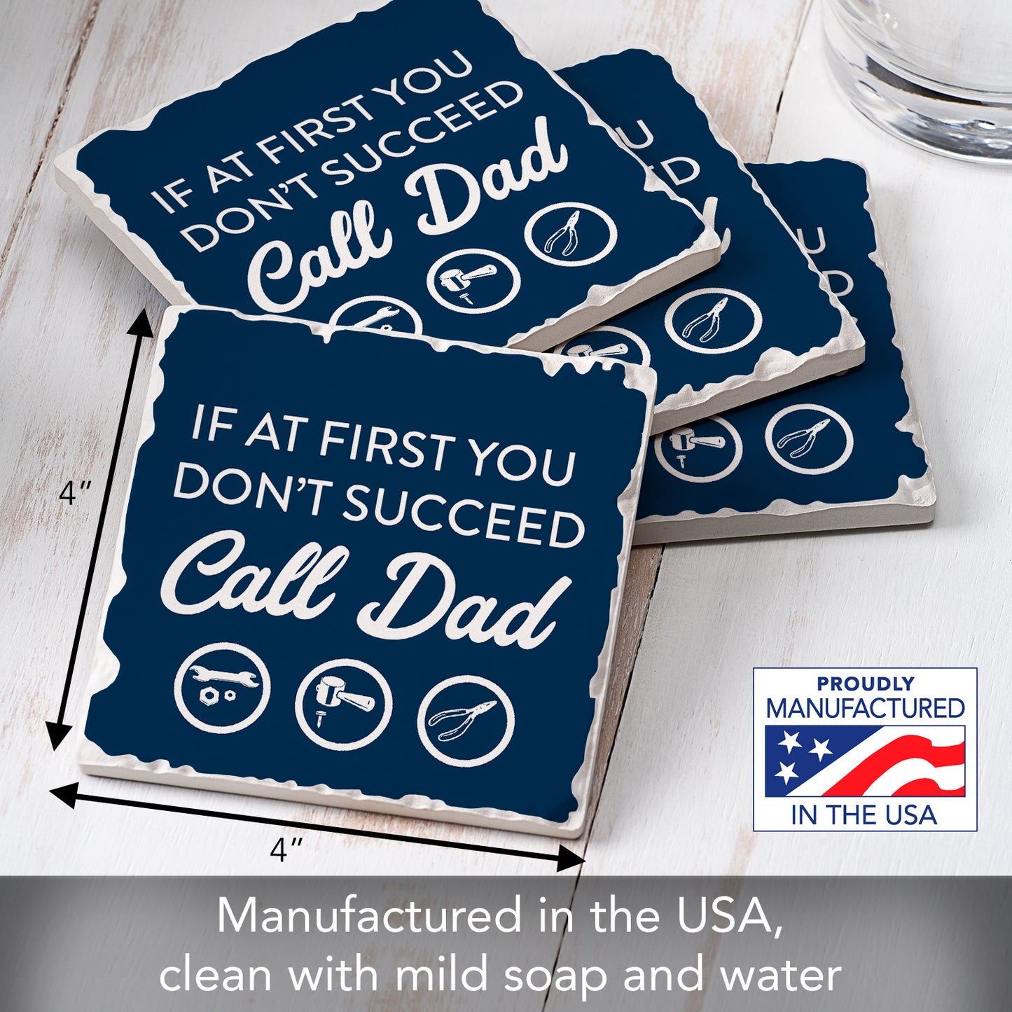 Thirstystone Call Dad 4 Pack Absorbent Stone Tumbled Tile Coasters with Protective Cork Backing 4" Square Manufactured in The USA Artistic Absorbent Easily Wipes Clean