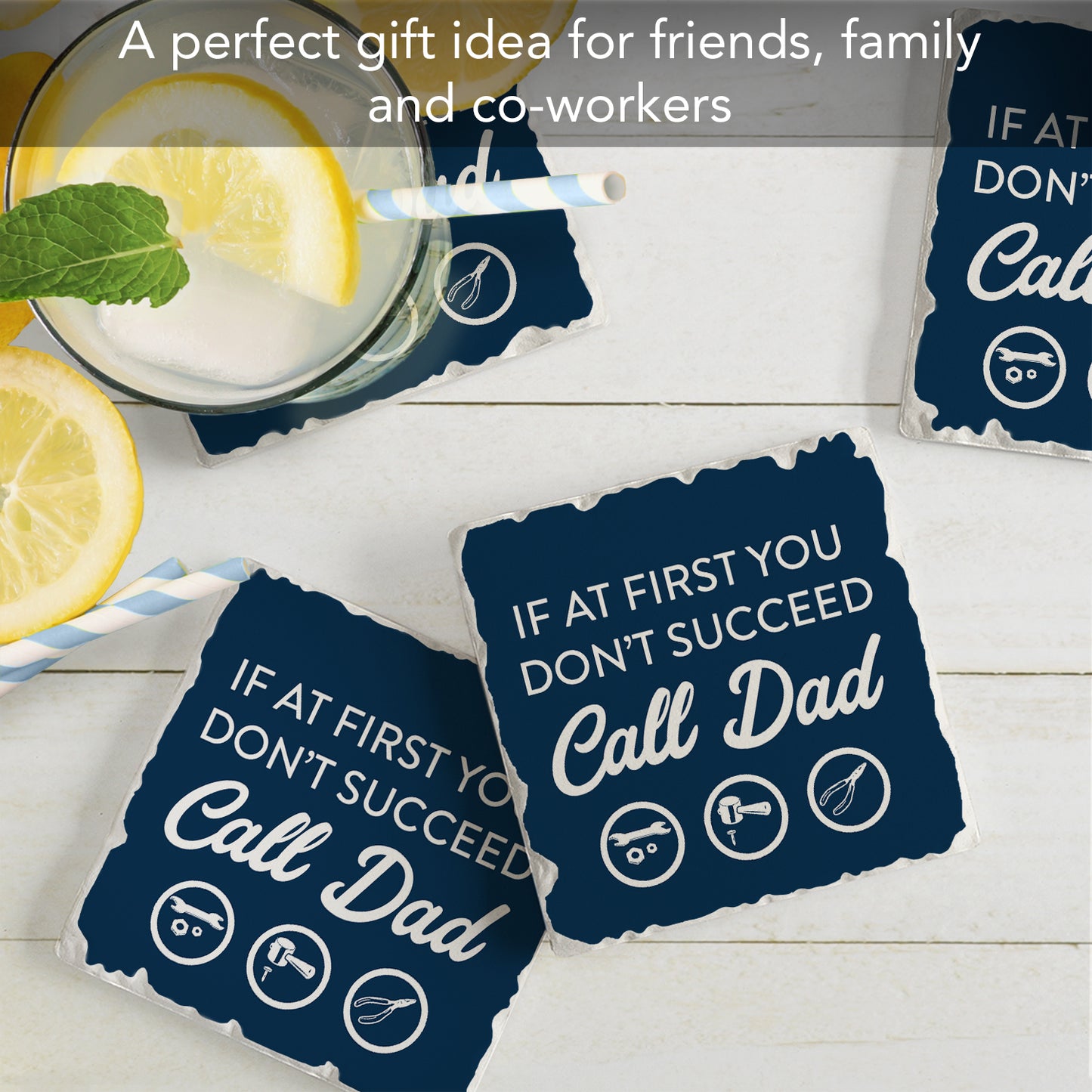 Thirstystone Call Dad 4 Pack Absorbent Stone Tumbled Tile Coasters with Protective Cork Backing 4" Square Manufactured in The USA Artistic Absorbent Easily Wipes Clean